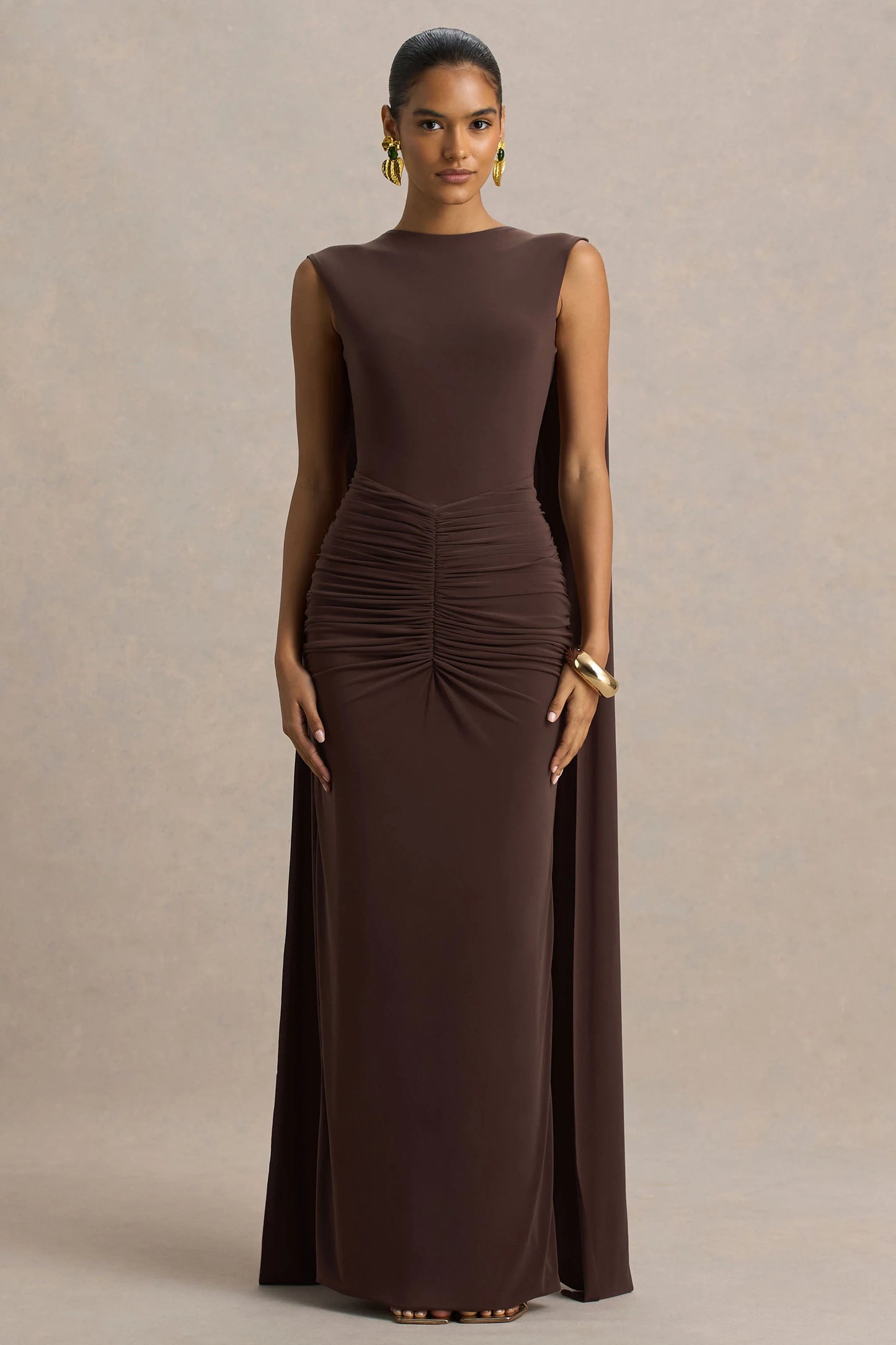 Premiere Brown Boat-Neck Maxi Dress With Cape Sleeves And Open-Back