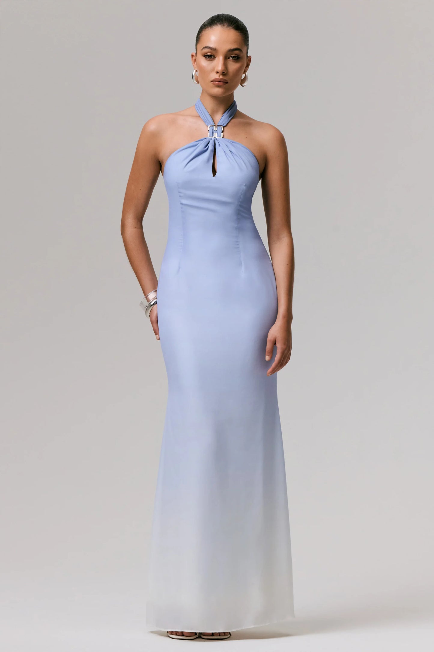 Sharni Blue Ombre Chiffon Halter-Neck Maxi Dress