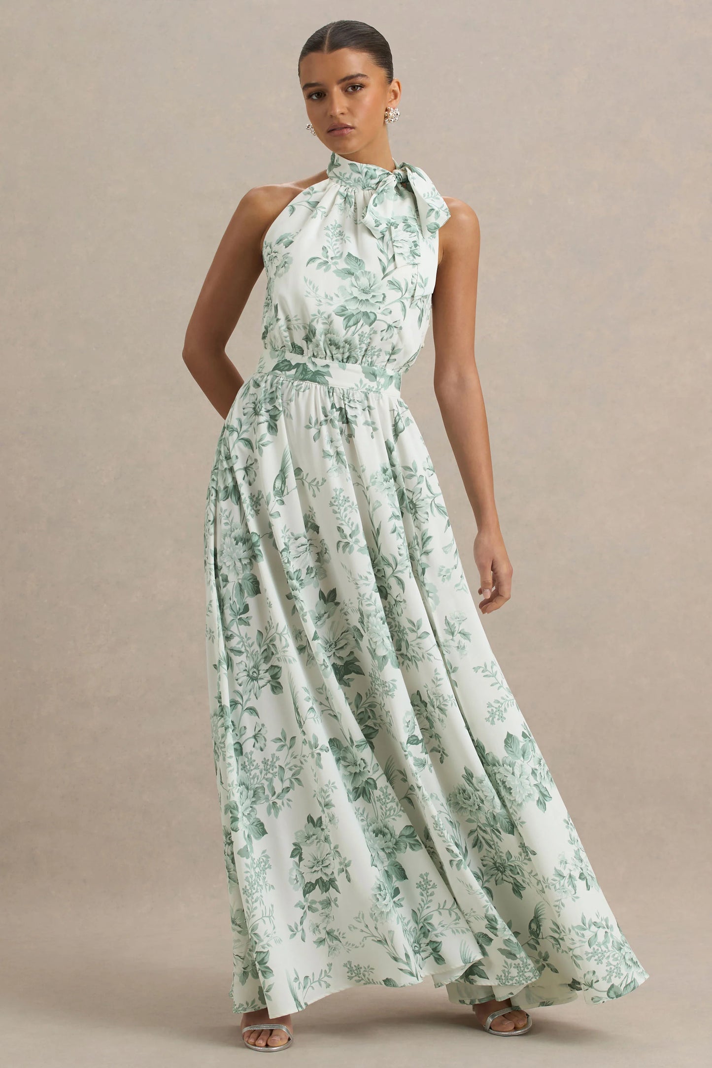 Talia Green Floral Print High-Neck Maxi Dress With Front High Split