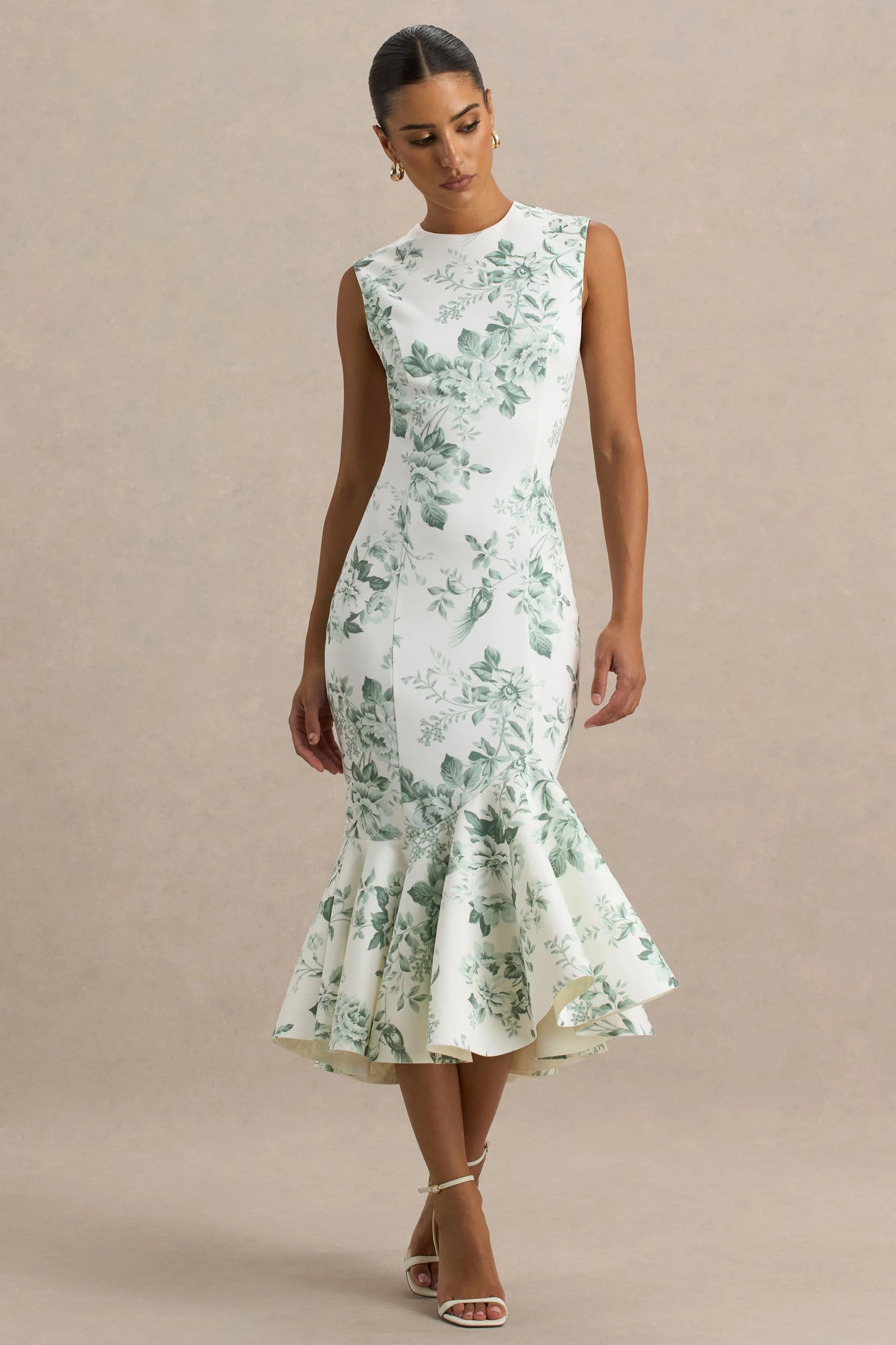 Priceless Green Porcelain Print Print High-Neck Fishtail Midi Dress