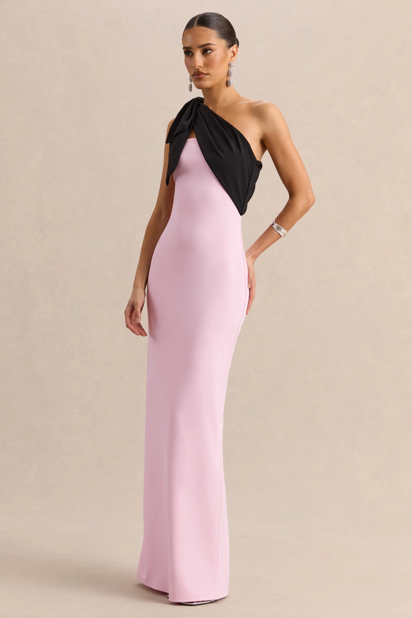 Adara Pink & Black Asymmetric-Neck Maxi Dress With Bow-Detail