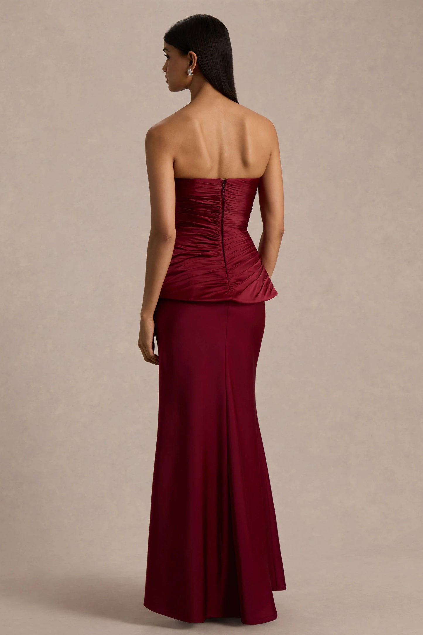 Milia Burgundy Satin Hand-Embellished Strapless Corset Maxi Dress