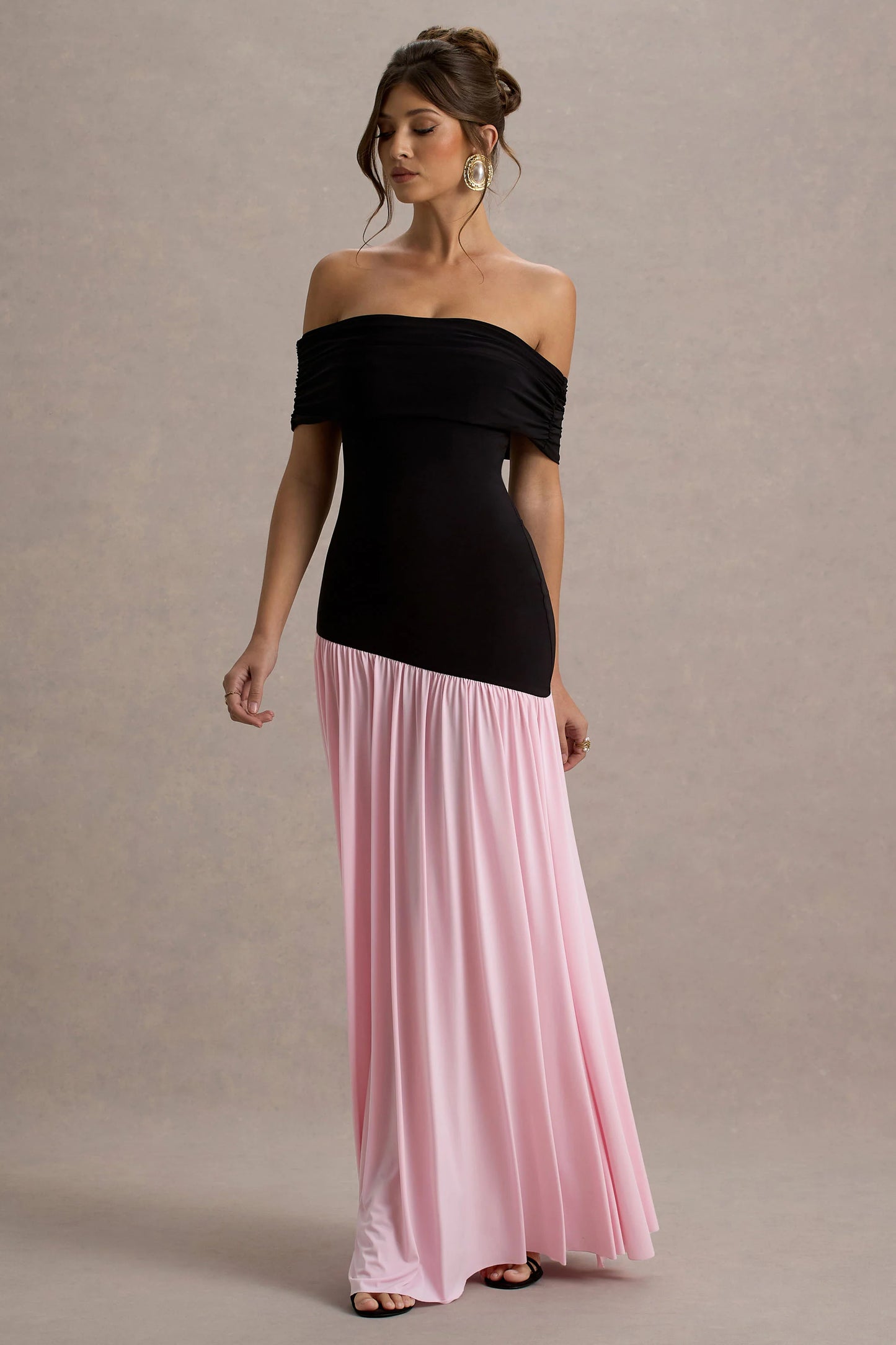 Venezia Black & Pink Bardot Maxi Dress With Drop-Waist