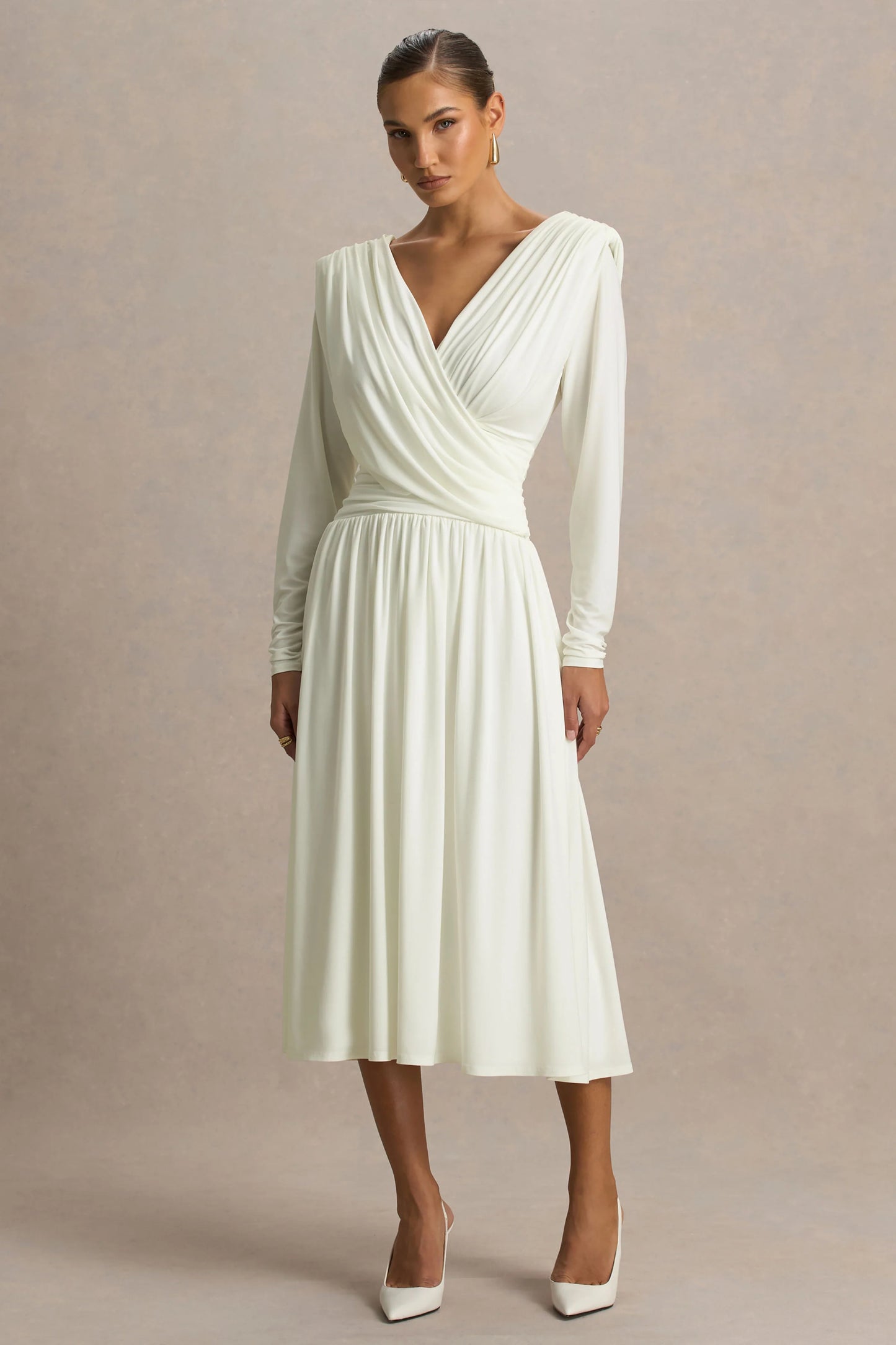 Alexis Cream Plunge-Neck Midi Dress With Draped And Ruched Detailing
