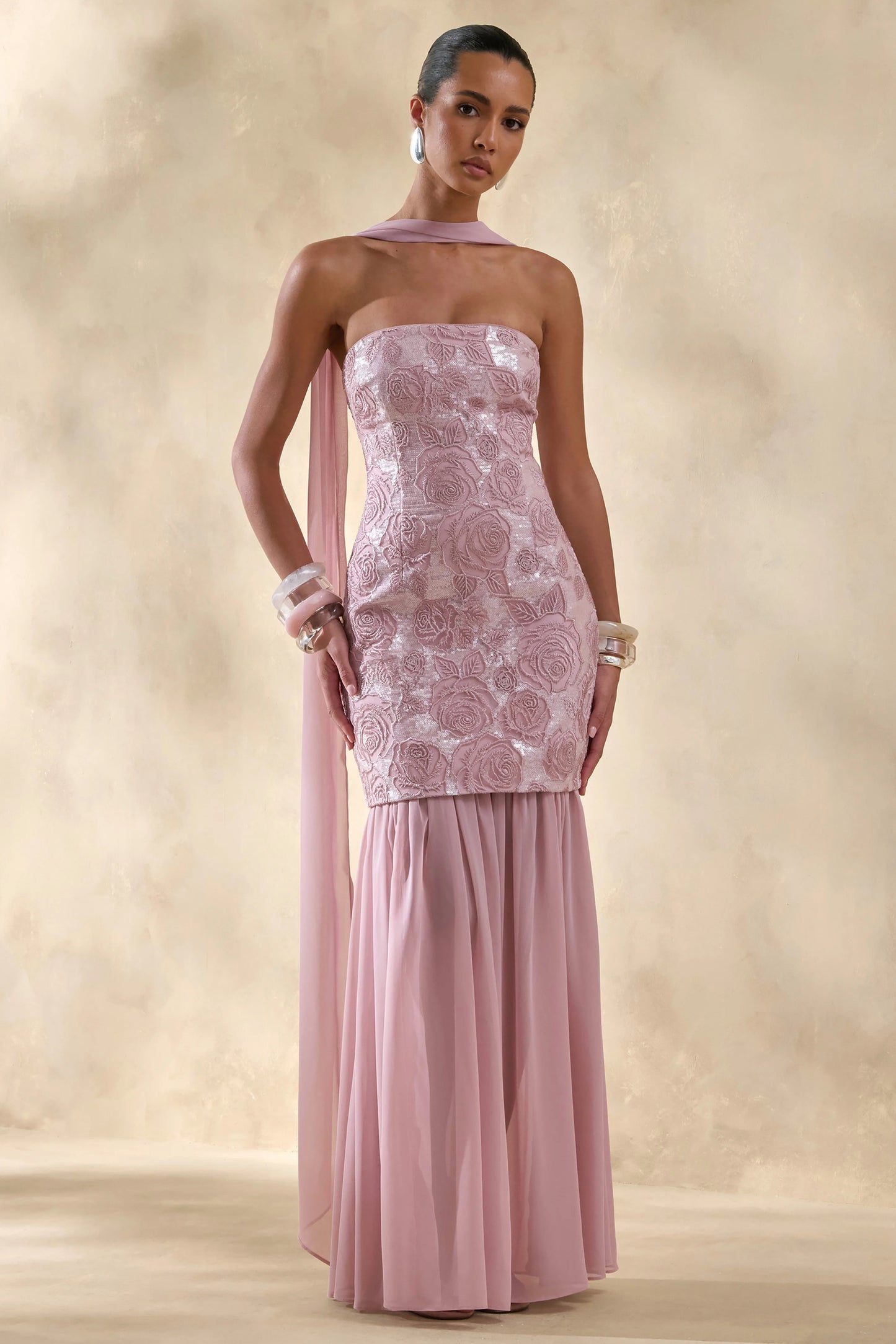 Meraly Pink Sequin Bandeau Maxi Dress With Scarf-Detail