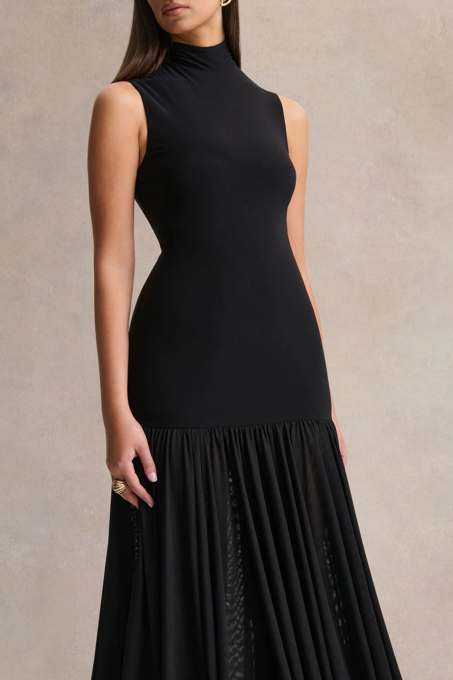 Gigi Black High-Neck Maxi Dress With Drop-Waist And Sheer Skirt