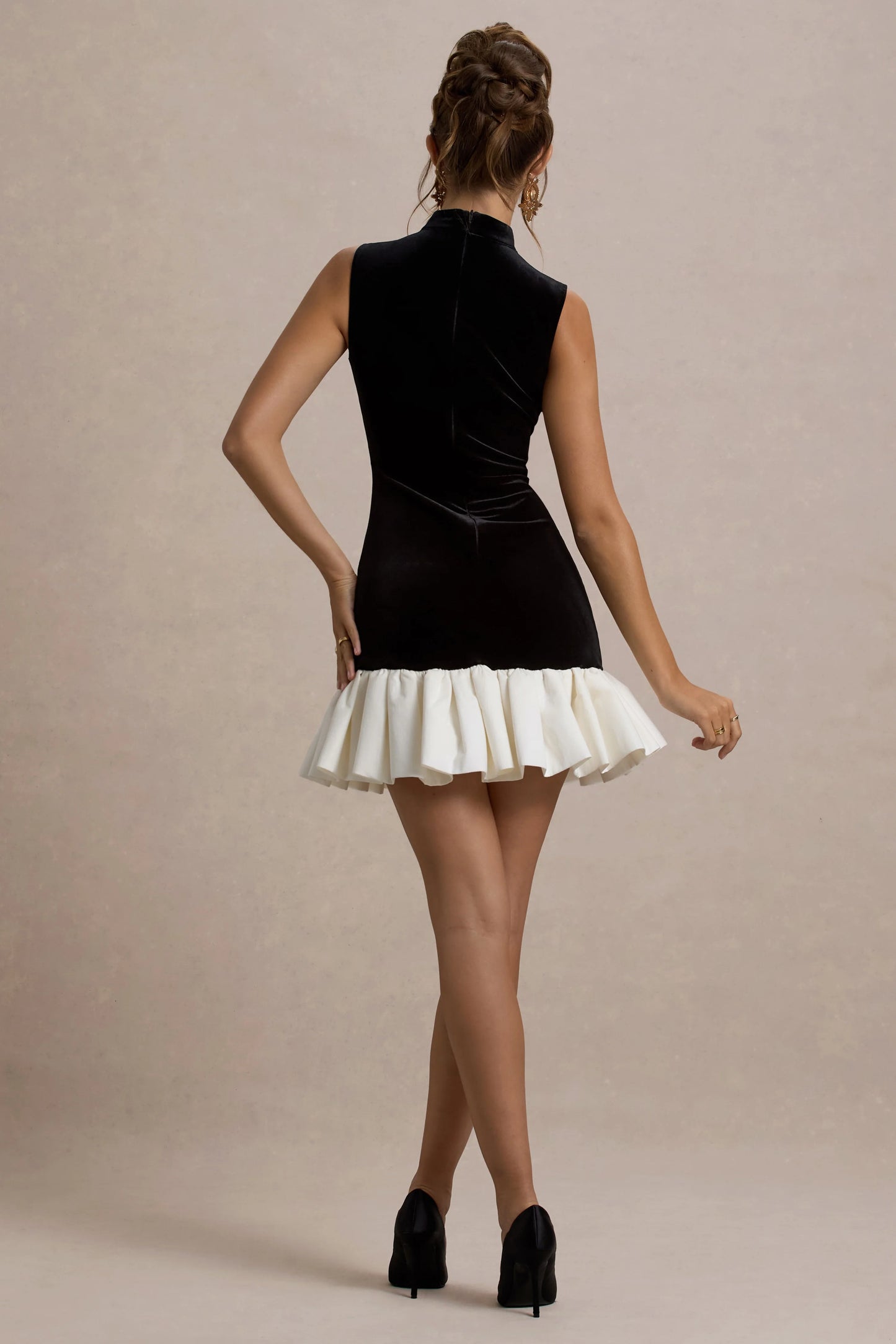 Baxter Black & White Velvet Mini Dress With Satin Ruffle Trim