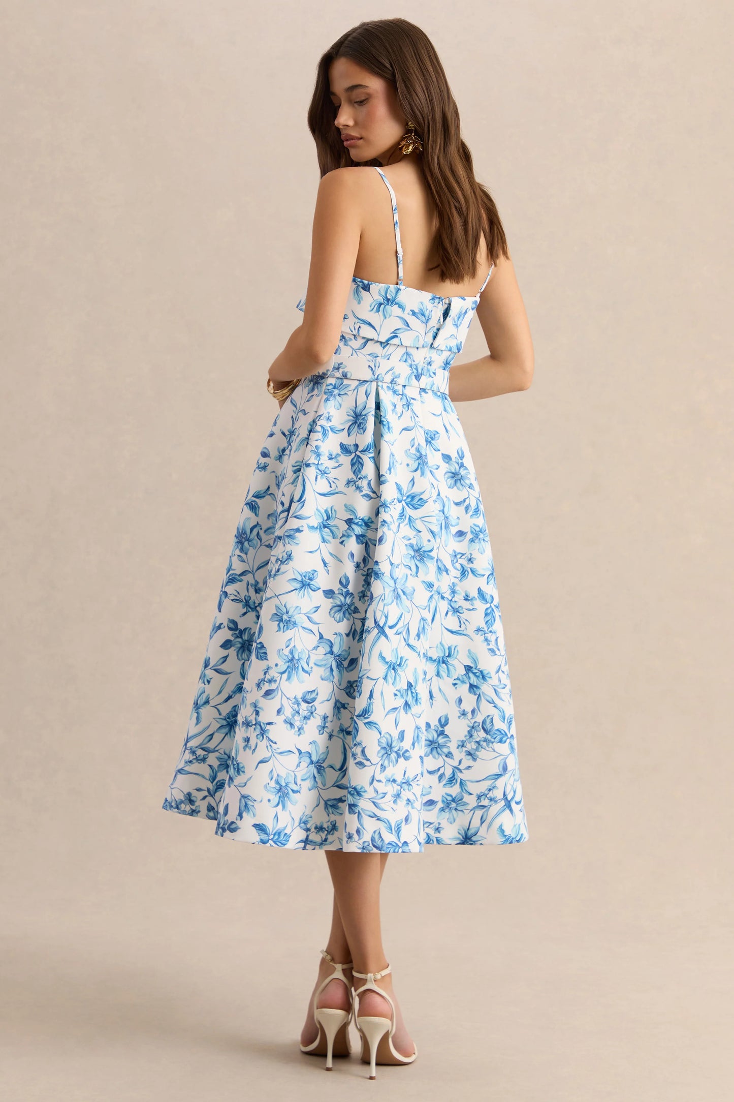 Devina Blue Porcelain Print Square-Neck Belted Midi-Dress