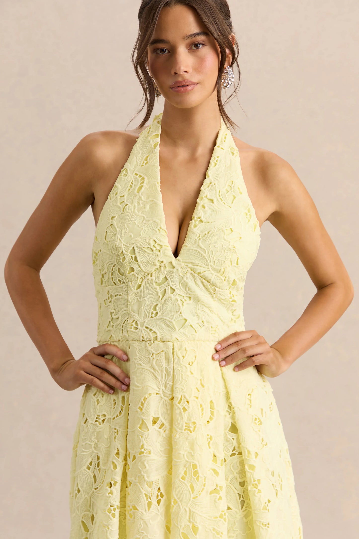 Maribel Lemon Lace Plunge-Neck Midi Dress