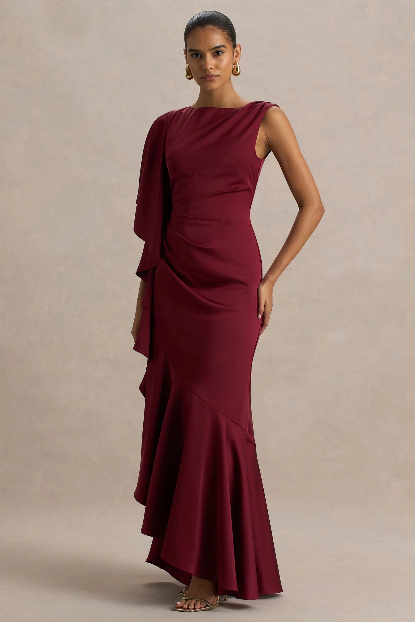 Rosy Burgundy Satin Boat-Neck Maxi Dress With Front Split And Ruffled Detailing