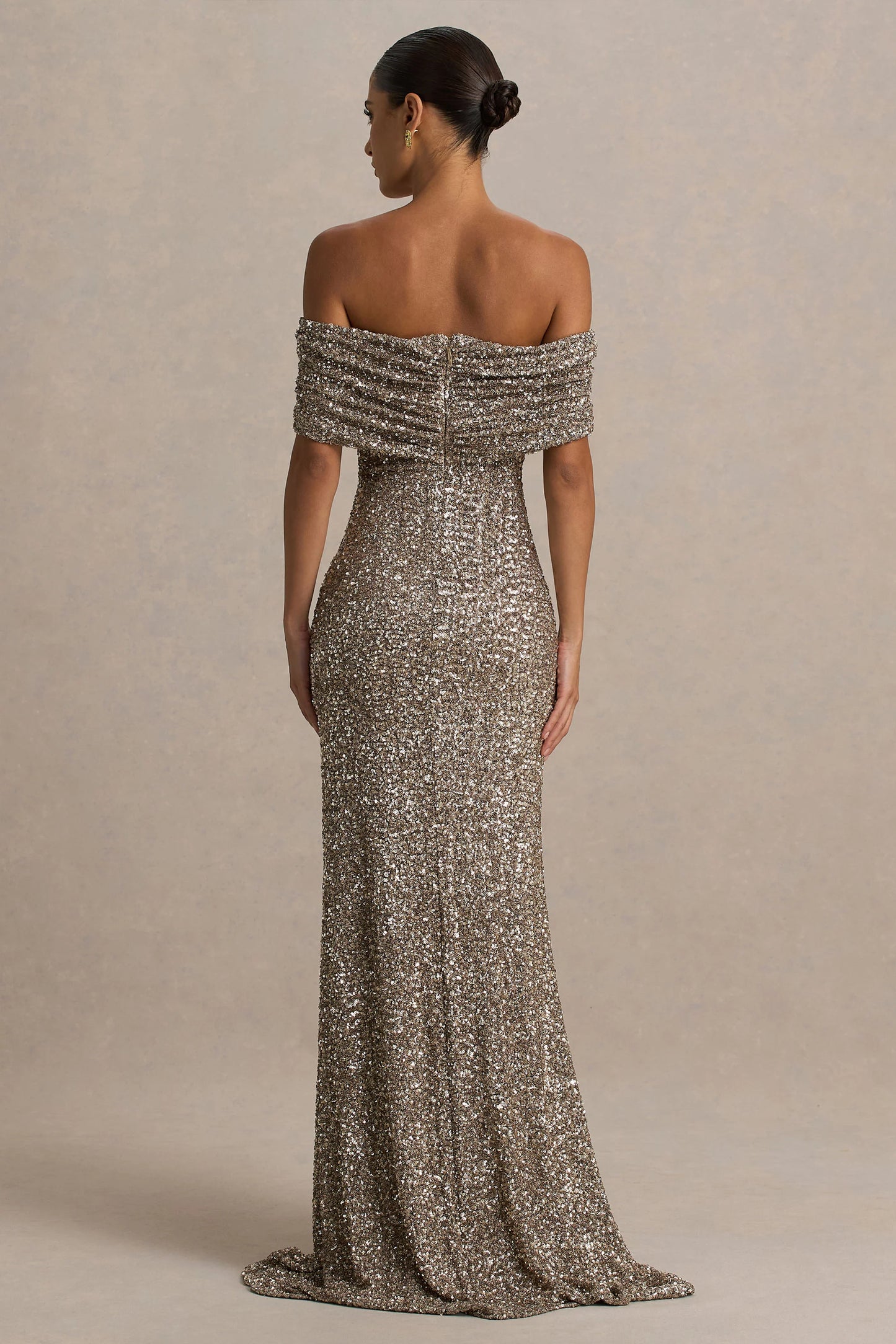 Melina Champagne Sequin Bardot-Neck Maxi Dress