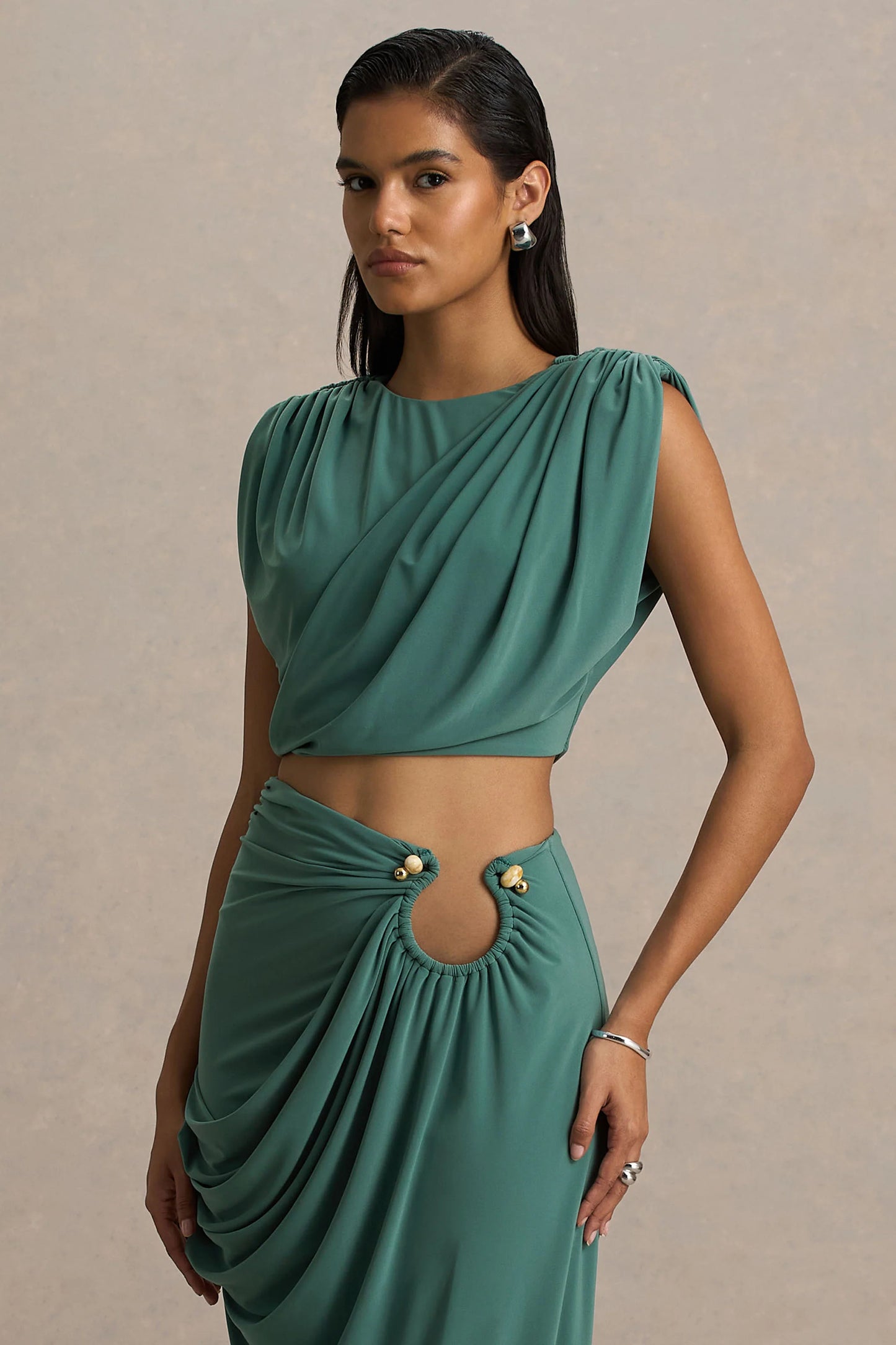 Tilda Green Crew-Neck Crop-Top With Ruched Detailing
