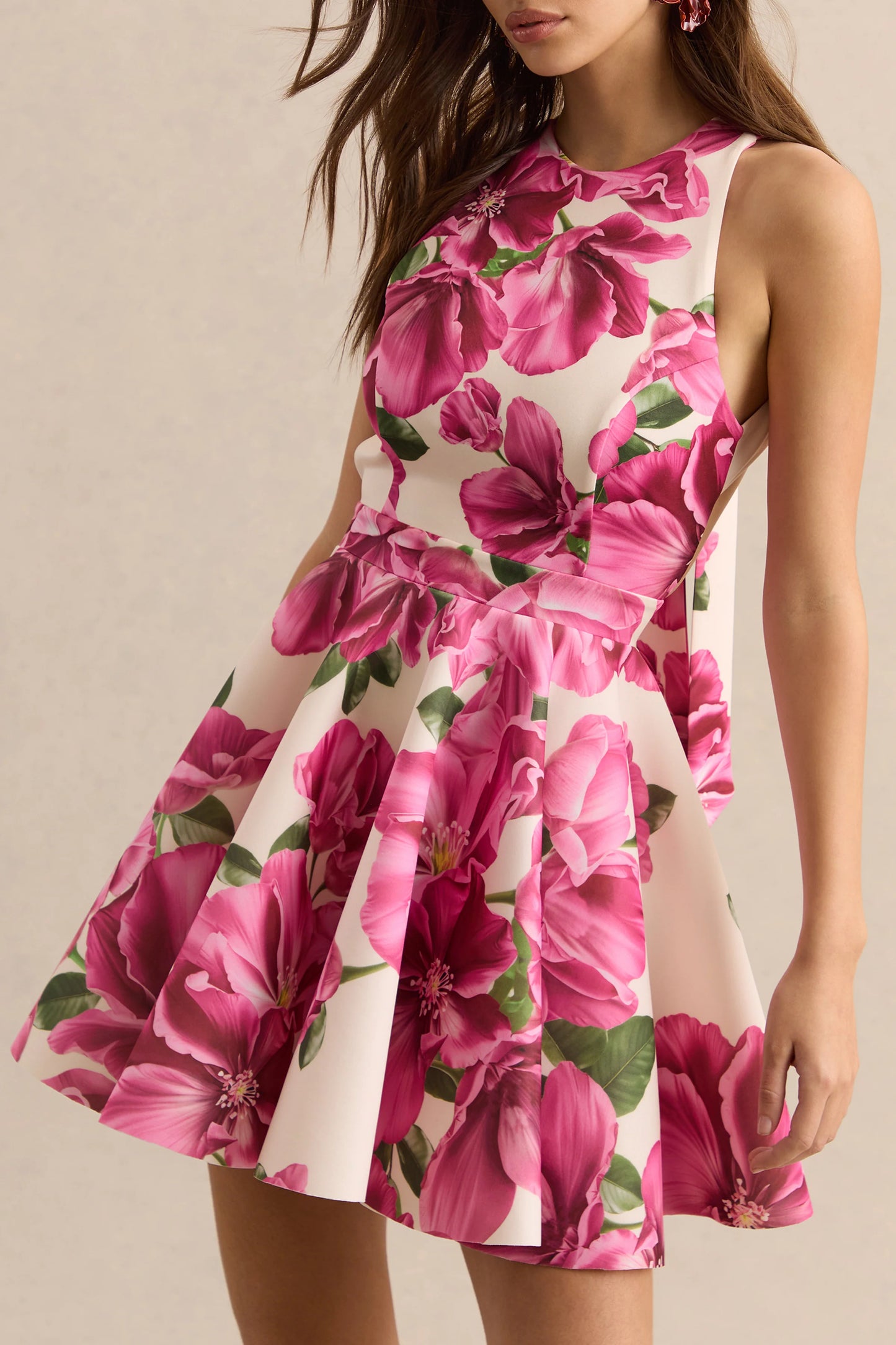 Waverly Pink Rose Print Racer-Neck Sleeveless Skater Mini Dress