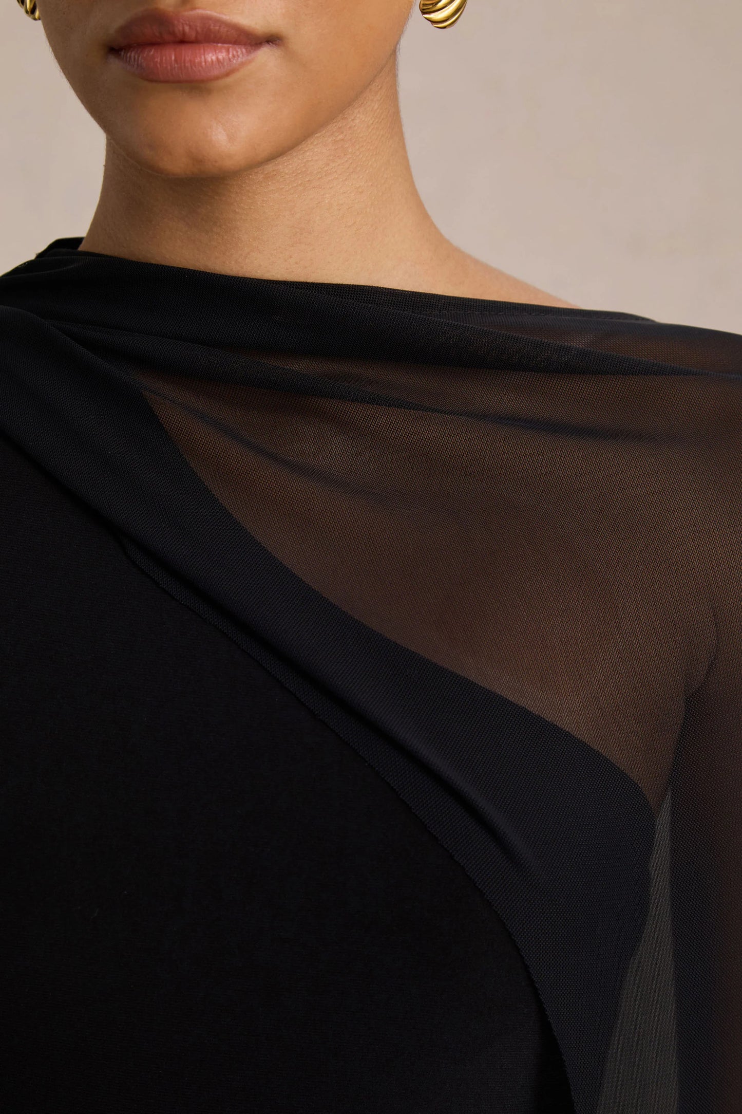 Mirelle Black Asymmetric-Neck Maxi Dress With Sheer Cape-Sleeve