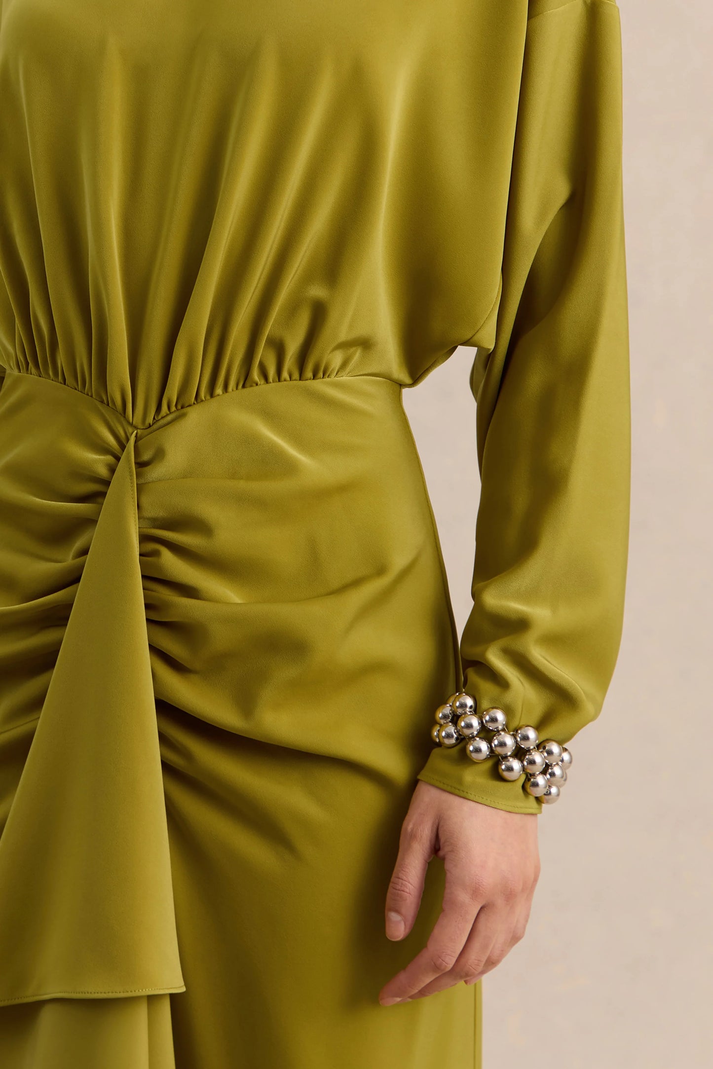 Perla Olive High-Neck Maxi Dress With Gathered-Detailing