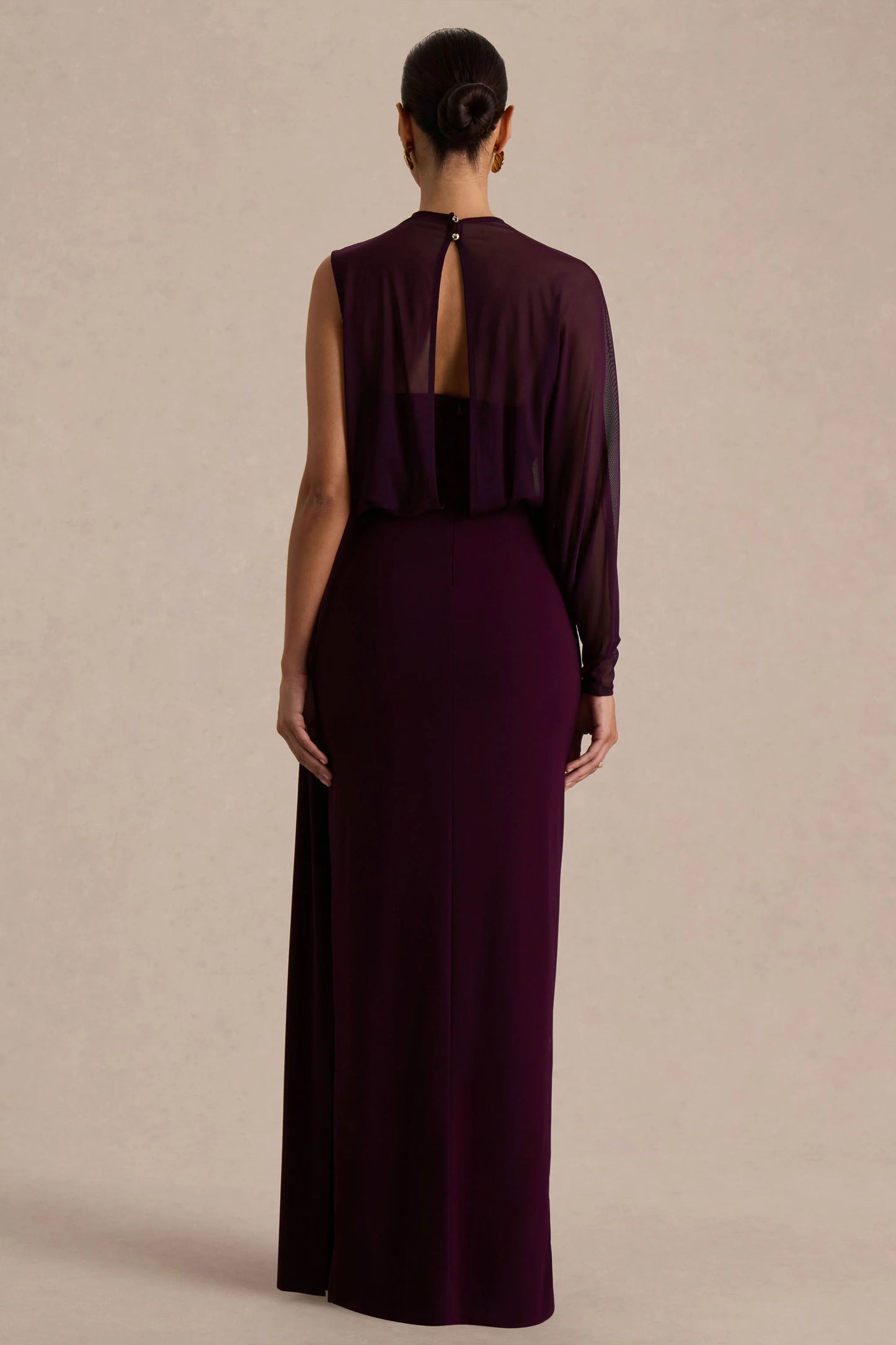 Aurelia Dark Plum High-Neck Wrapped Maxi Dress With One-Cape Sleeve