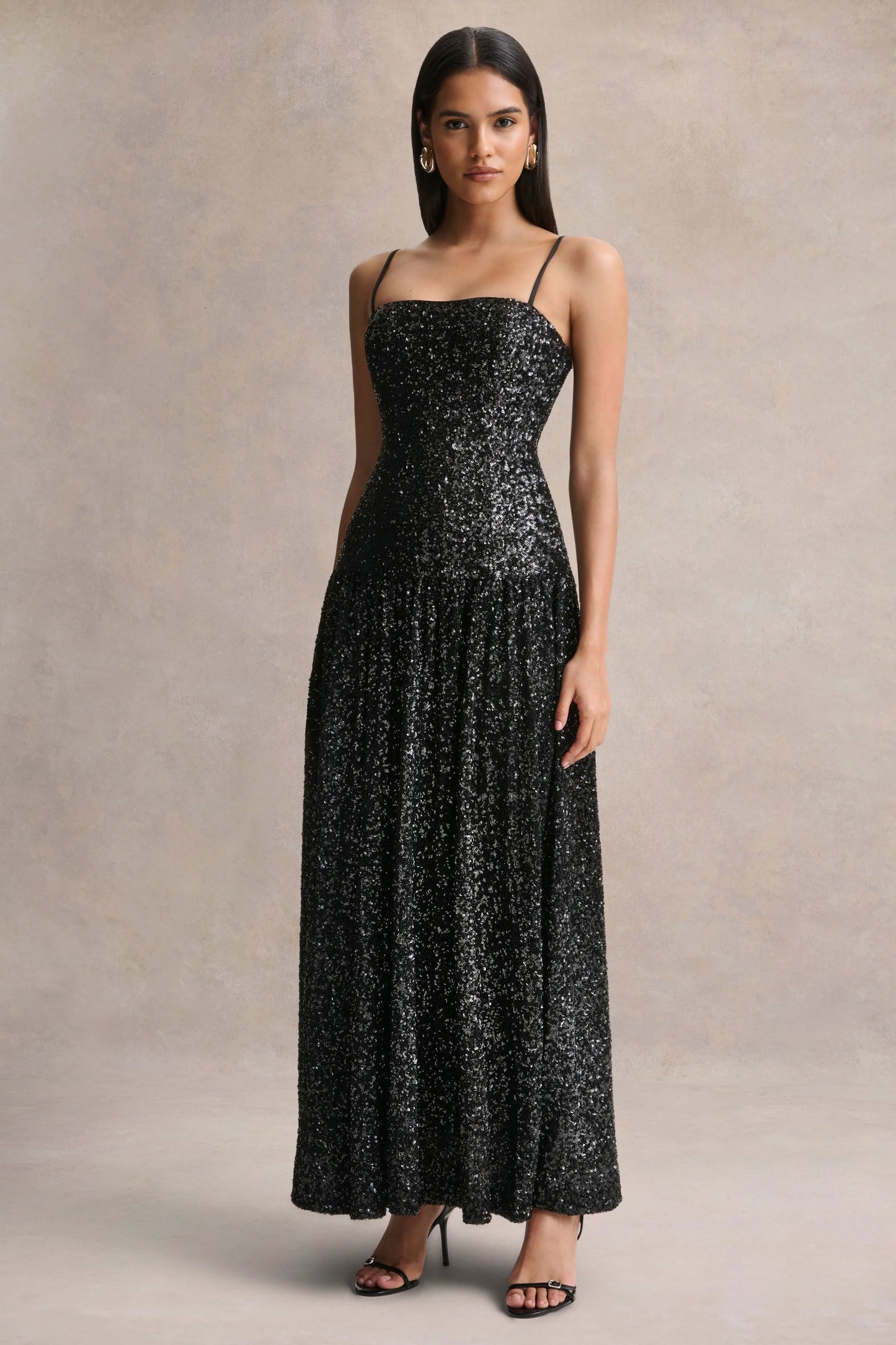 Allora Black Sequin Square-Neck Maxi Dress With Pleated Skirt