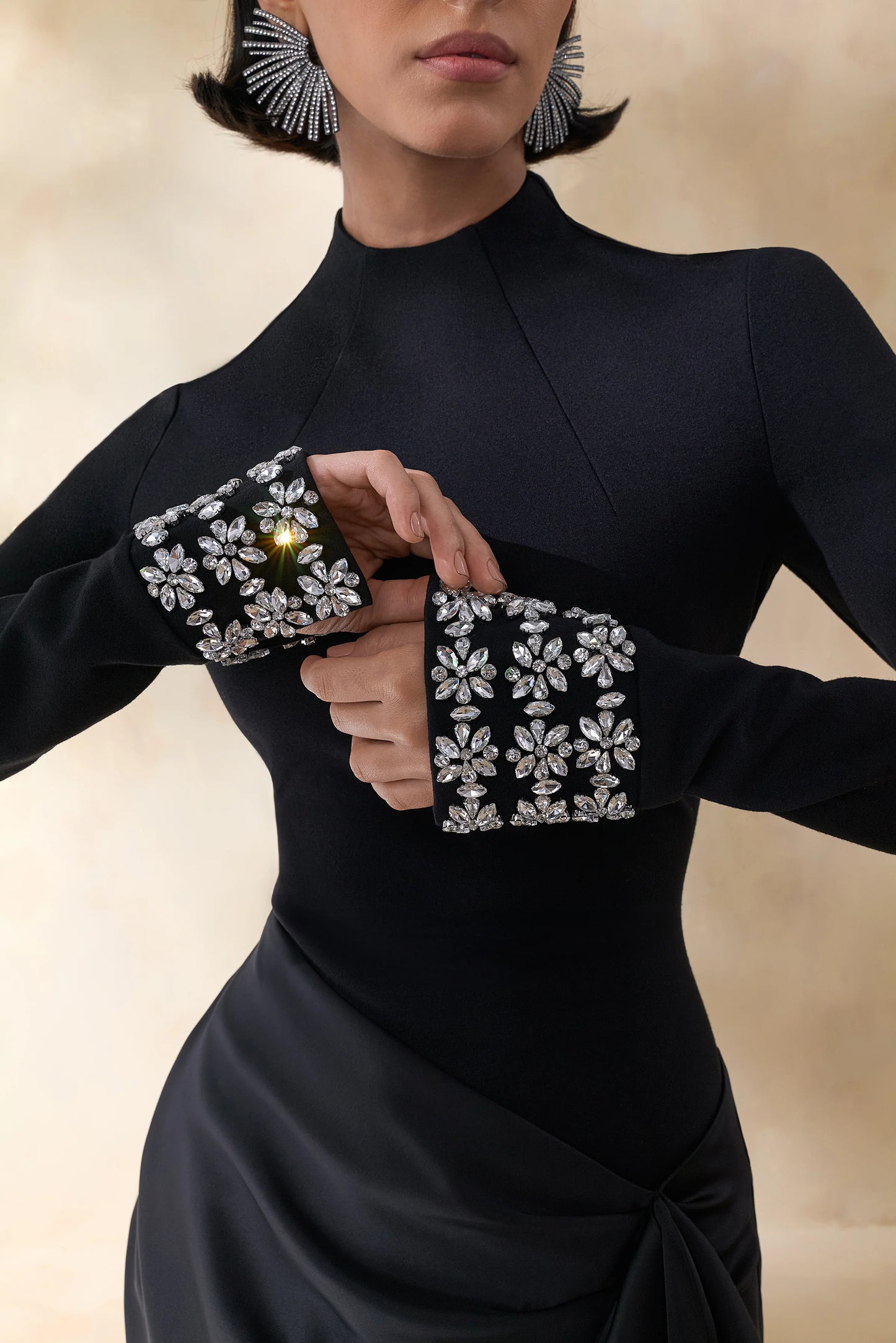 Starred Black High-Neck Maxi Dress With Satin Wrap-Skirt And Embellished Cuffs