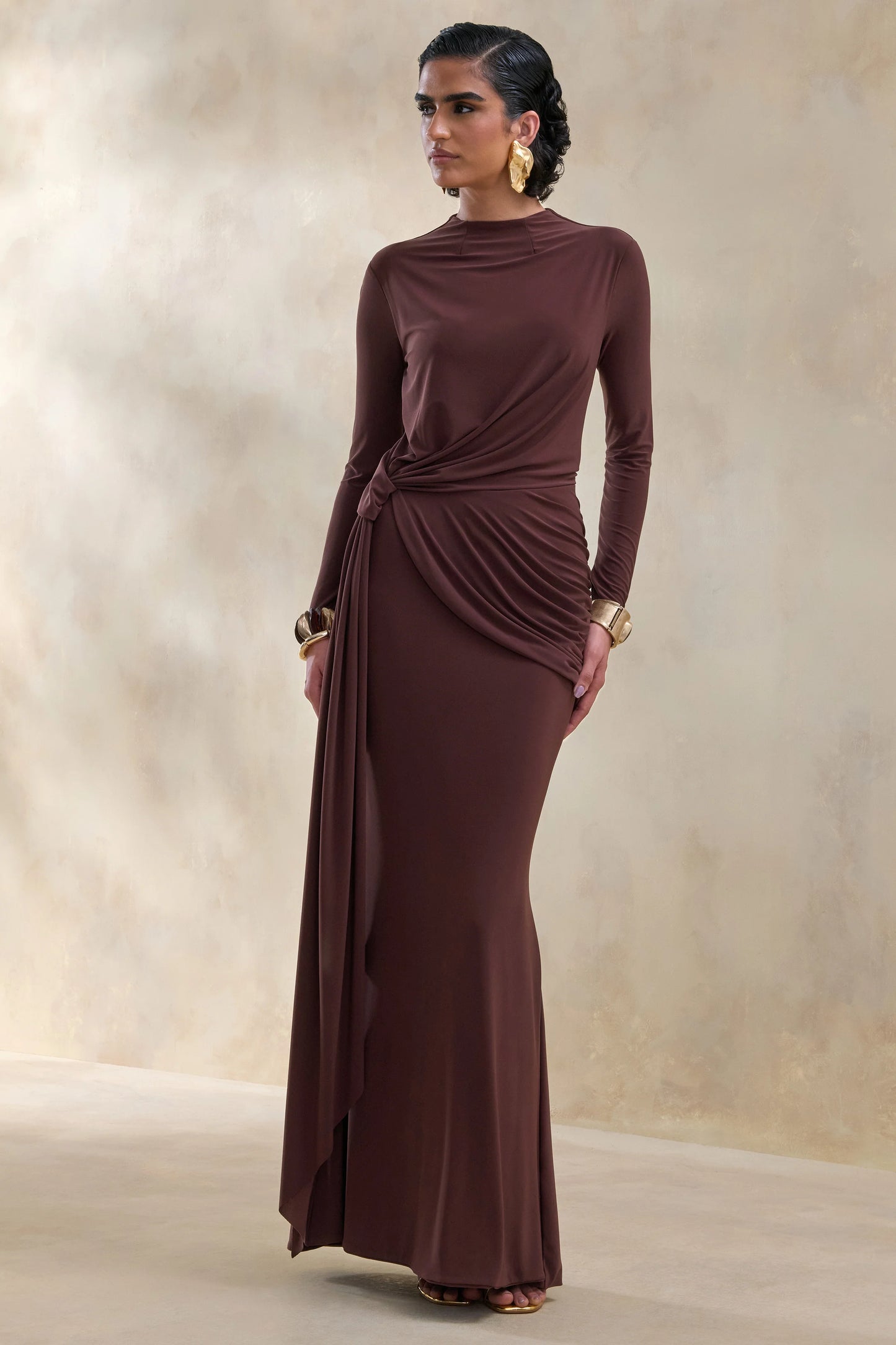 Kyrissa Brown High-Neck Maxi Dress With Gathered-Detailing