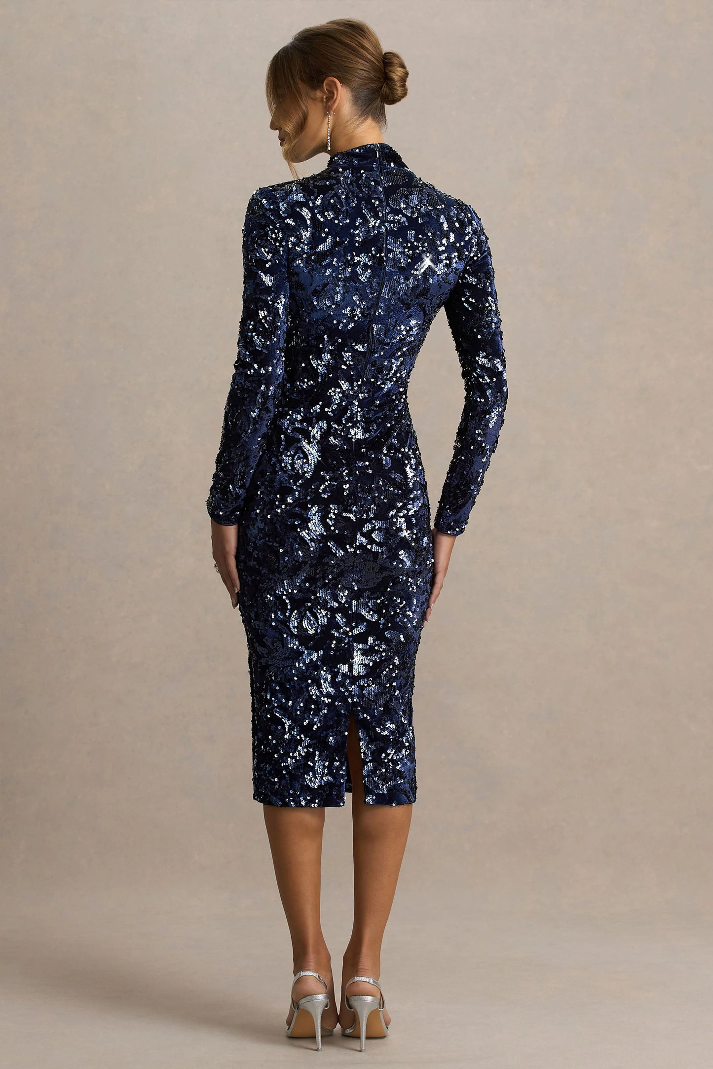 Alanita Navy Velvet And Sequin Embellished High-Neck Midi Dress With Long Sleeves