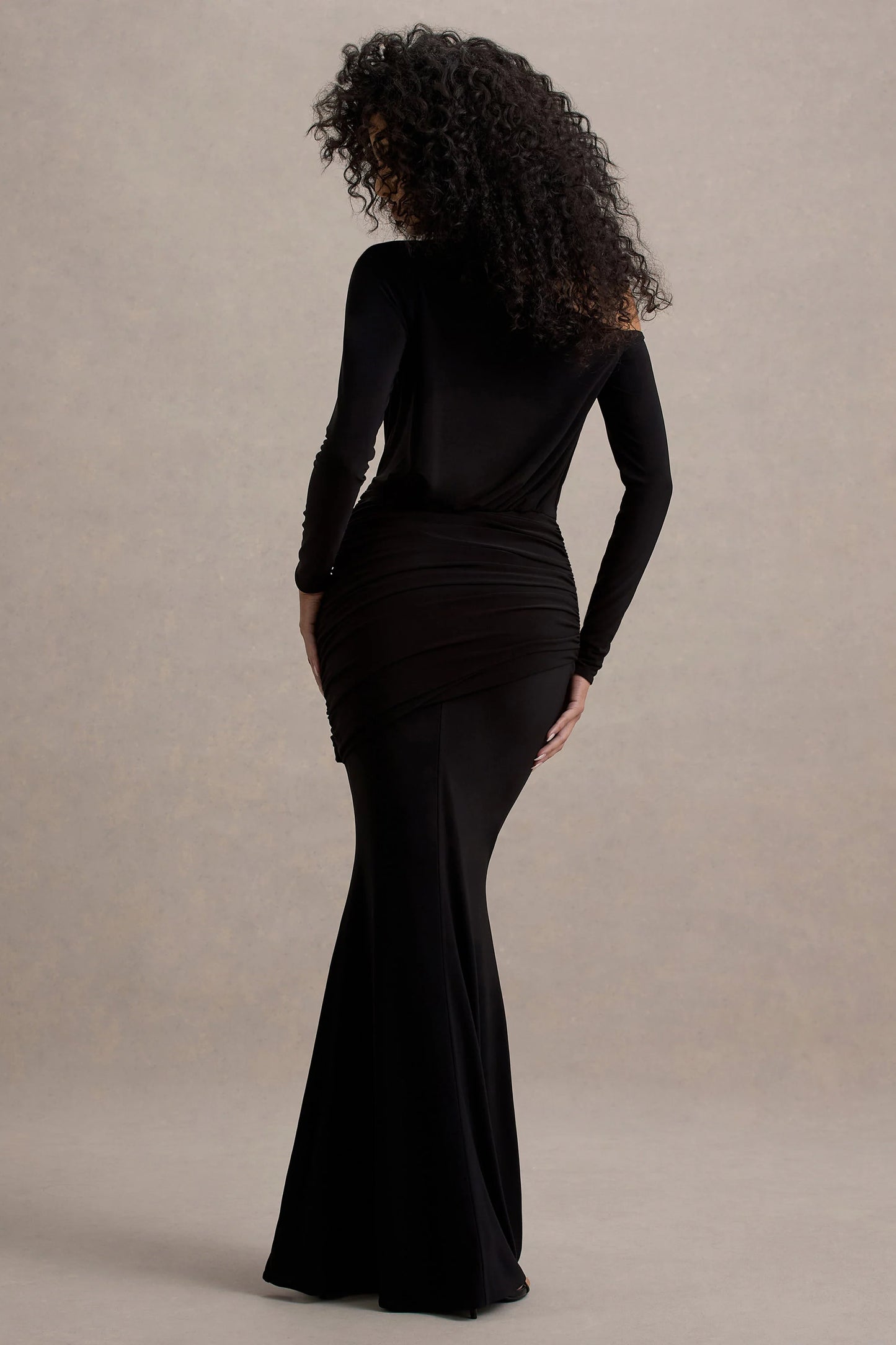 Deanna Black Asymmetric Long-Sleeve Ruched Maxi Dress