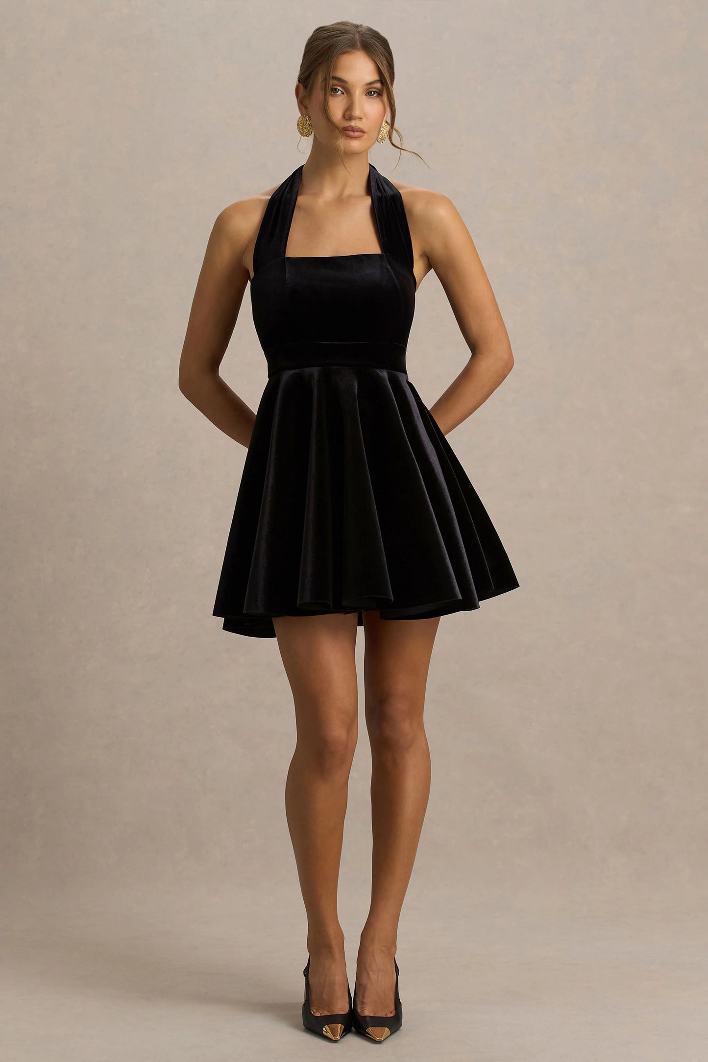 Mirage Black Velvet Halter-Neck Mini Dress With Skater-Skirt