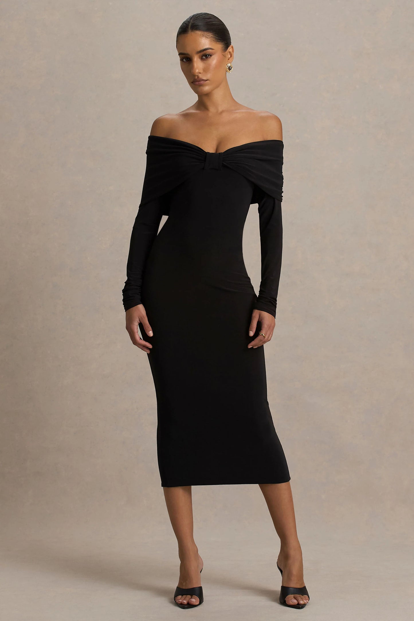 Spark Black Bardot-Neck Midi Dress With Bow Detail