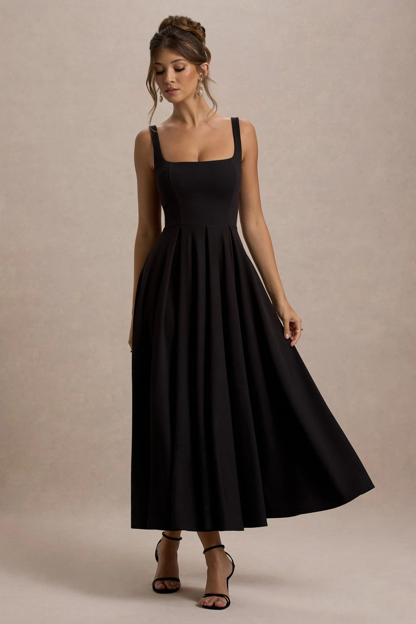 Parina Black Strappy Volume-Hem Midi Dress