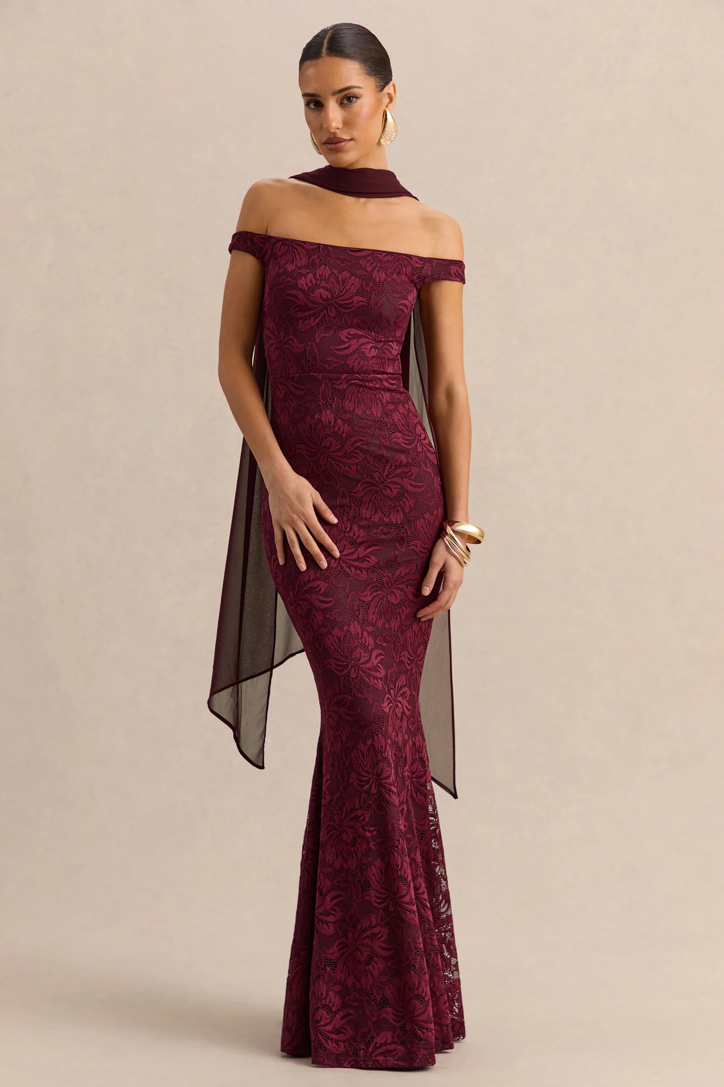 Iselle Burgundy Lace Bardot-Neck Maxi Dress With Scarf-Detail