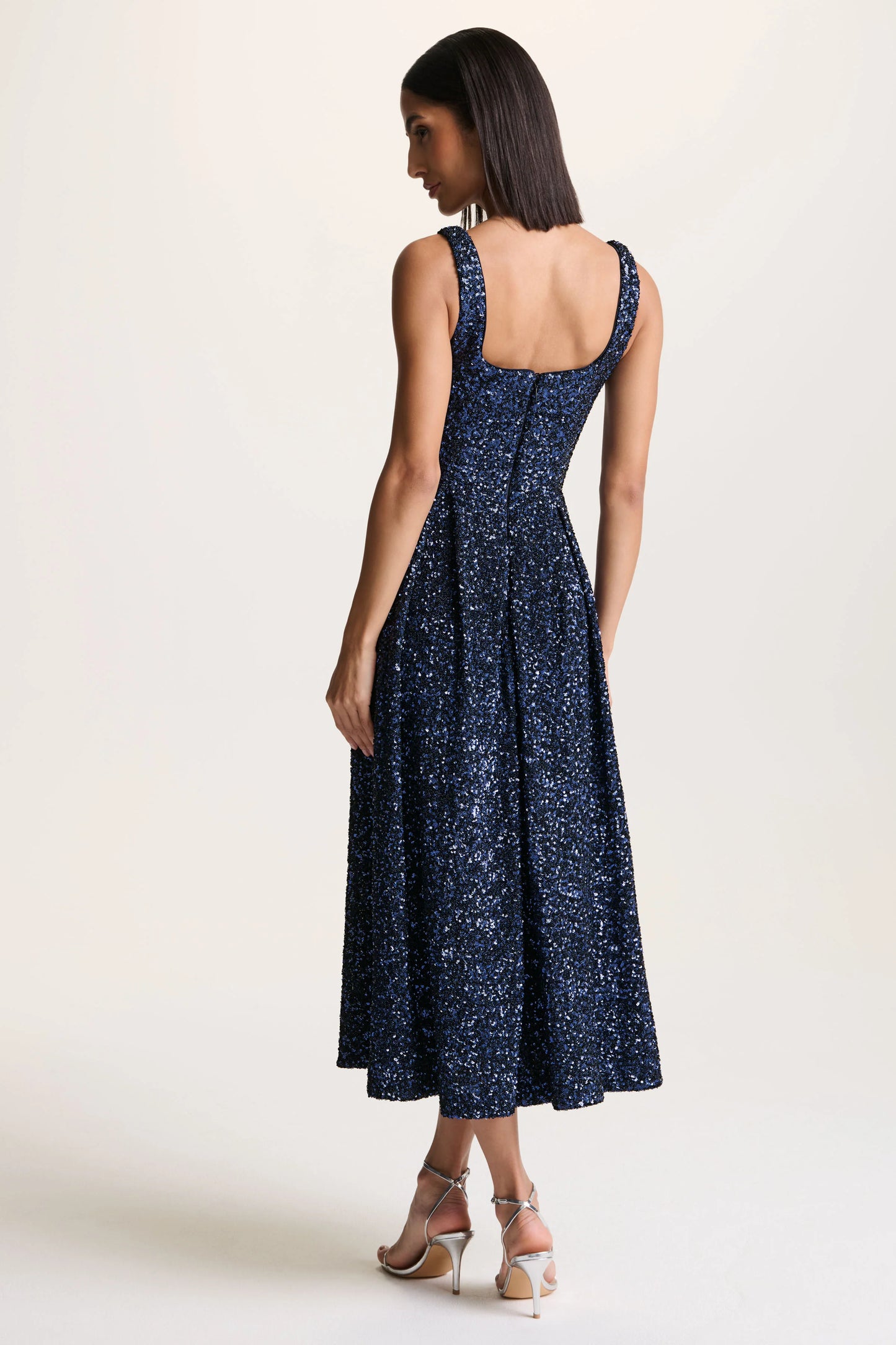 Lima Navy Sequin Square-Neck A-Line Midi Dress