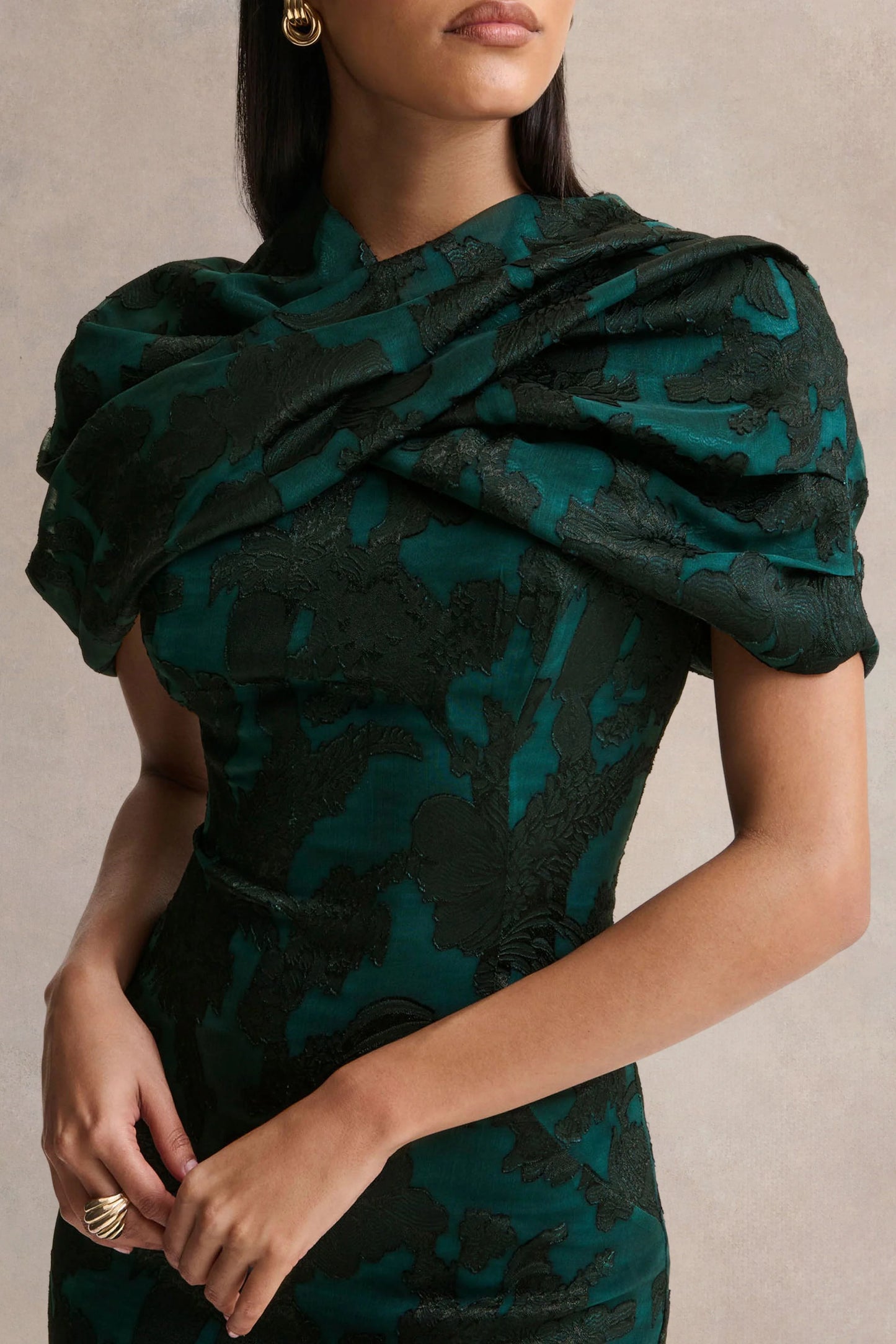 Hada Dark Green Satin Devore Square-Neck Maxi Dress With Removable Twisted-Cape