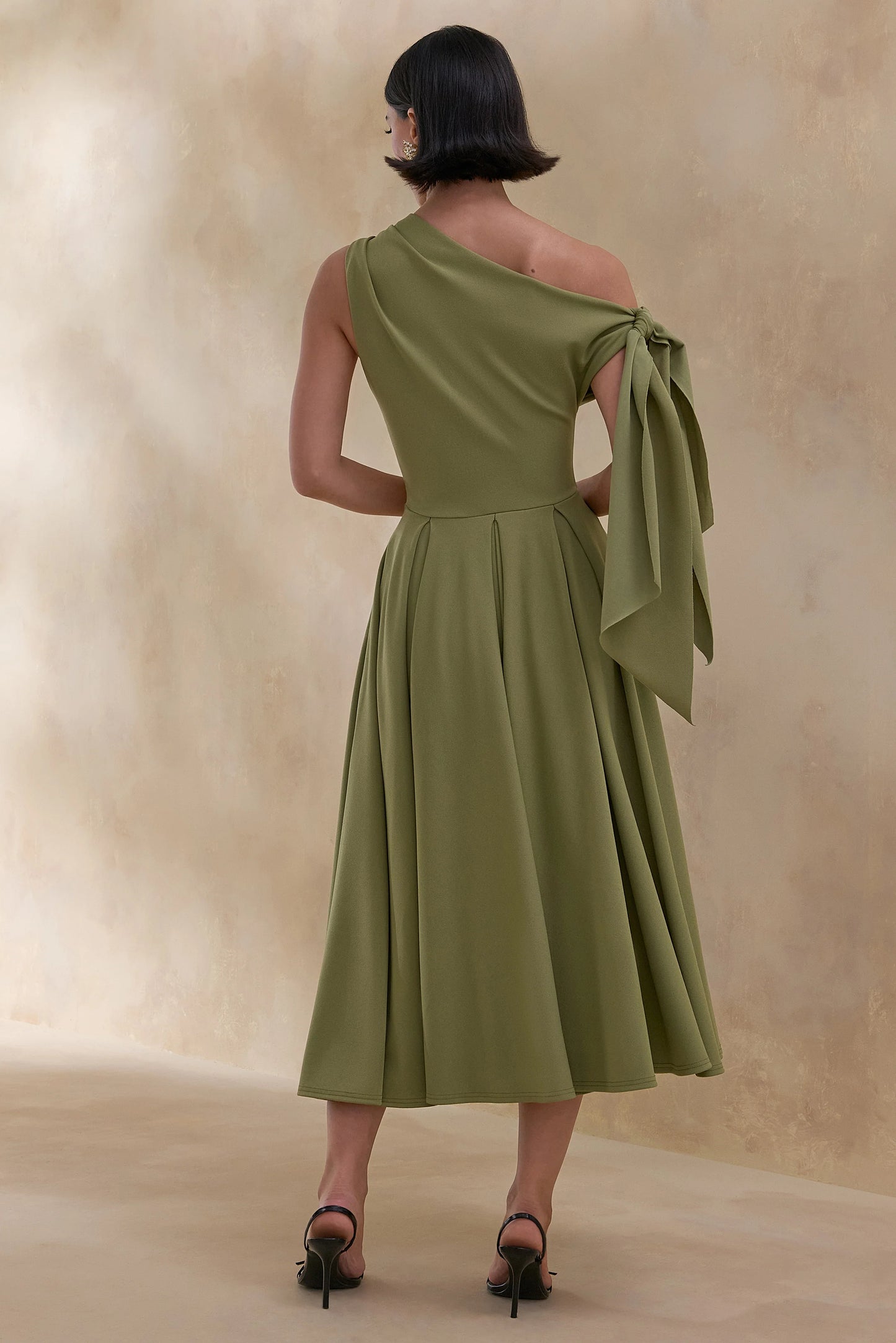 Daring Olive Asymmetric-Neck Midi Dress With Knot-Detail
