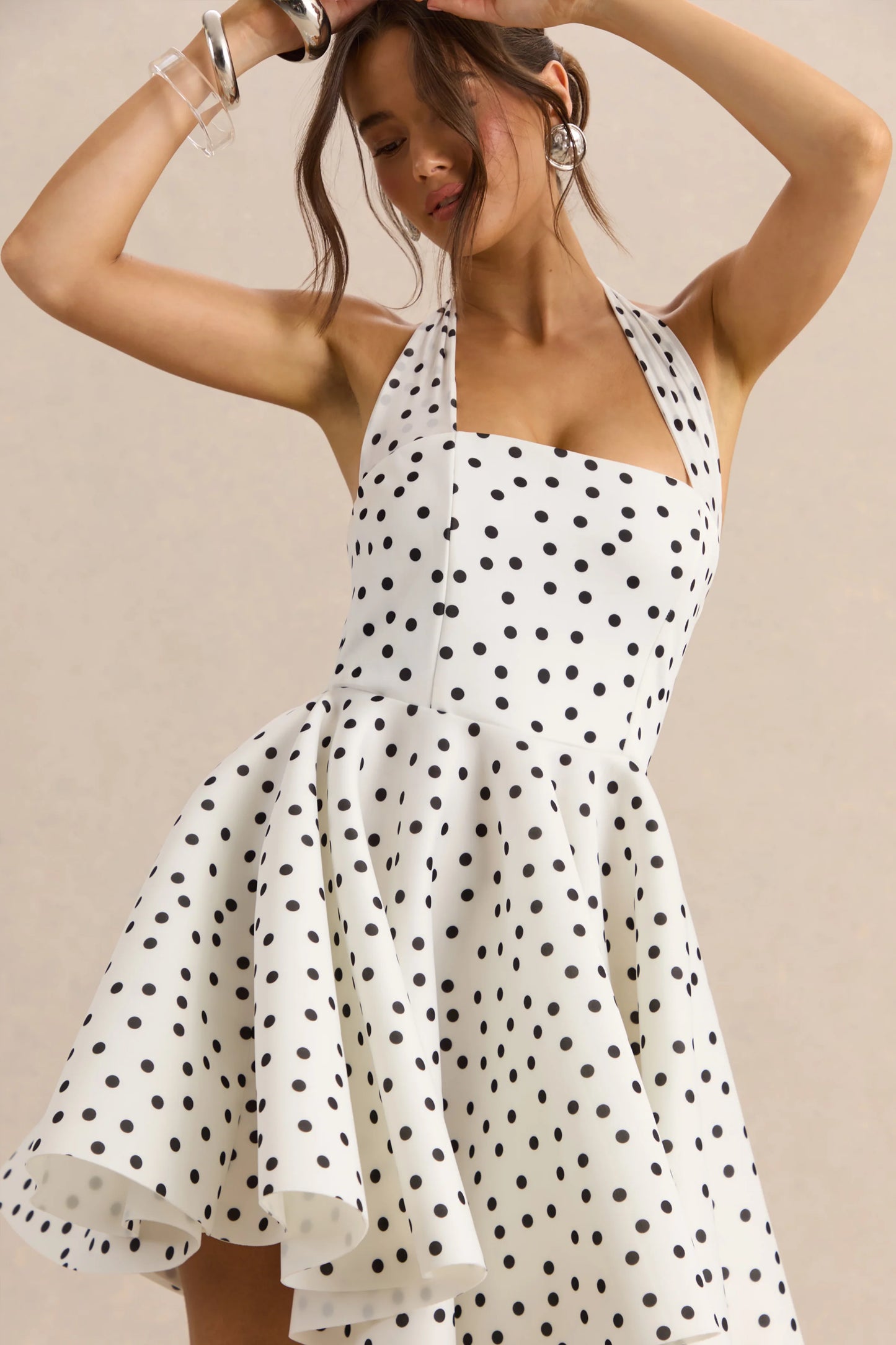 Peggy White & Black Polka Dot Halter-Neck Skater Mini Dress