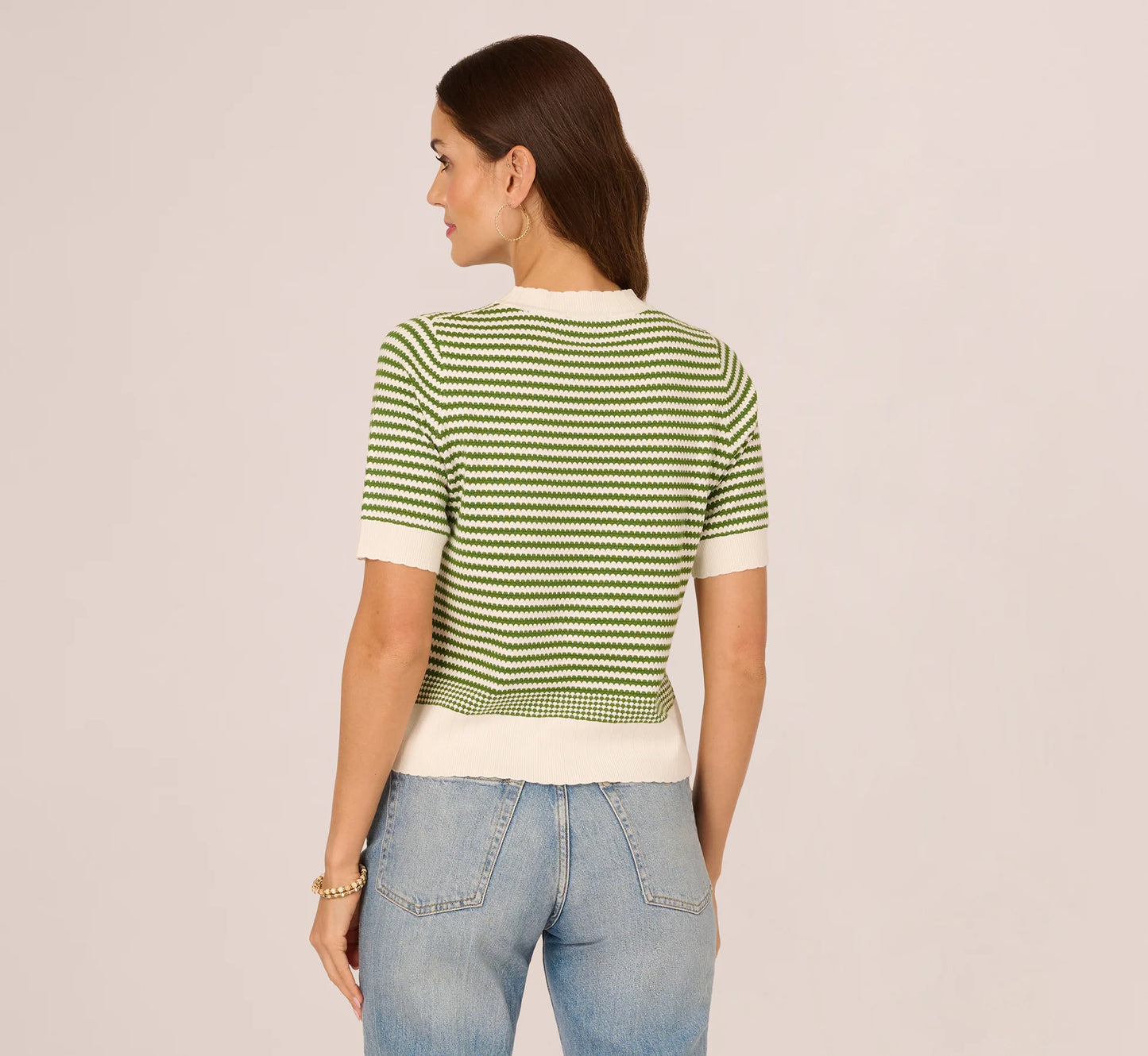 Short Sleeve Scalloped Stripe Pullover Sweater In Ivory Foliage
