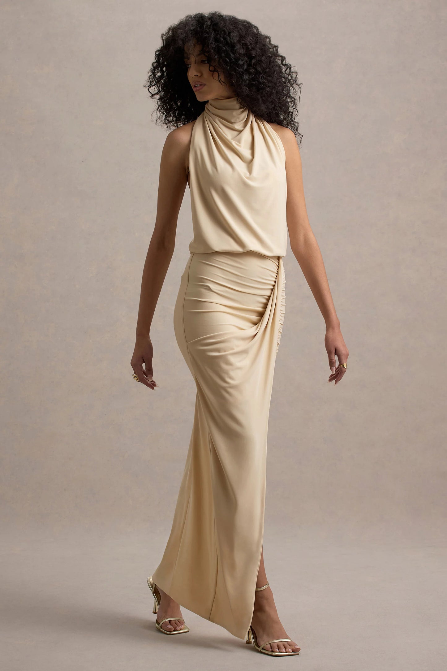 Hayden Sand High-Neck Draped Split Maxi Dress