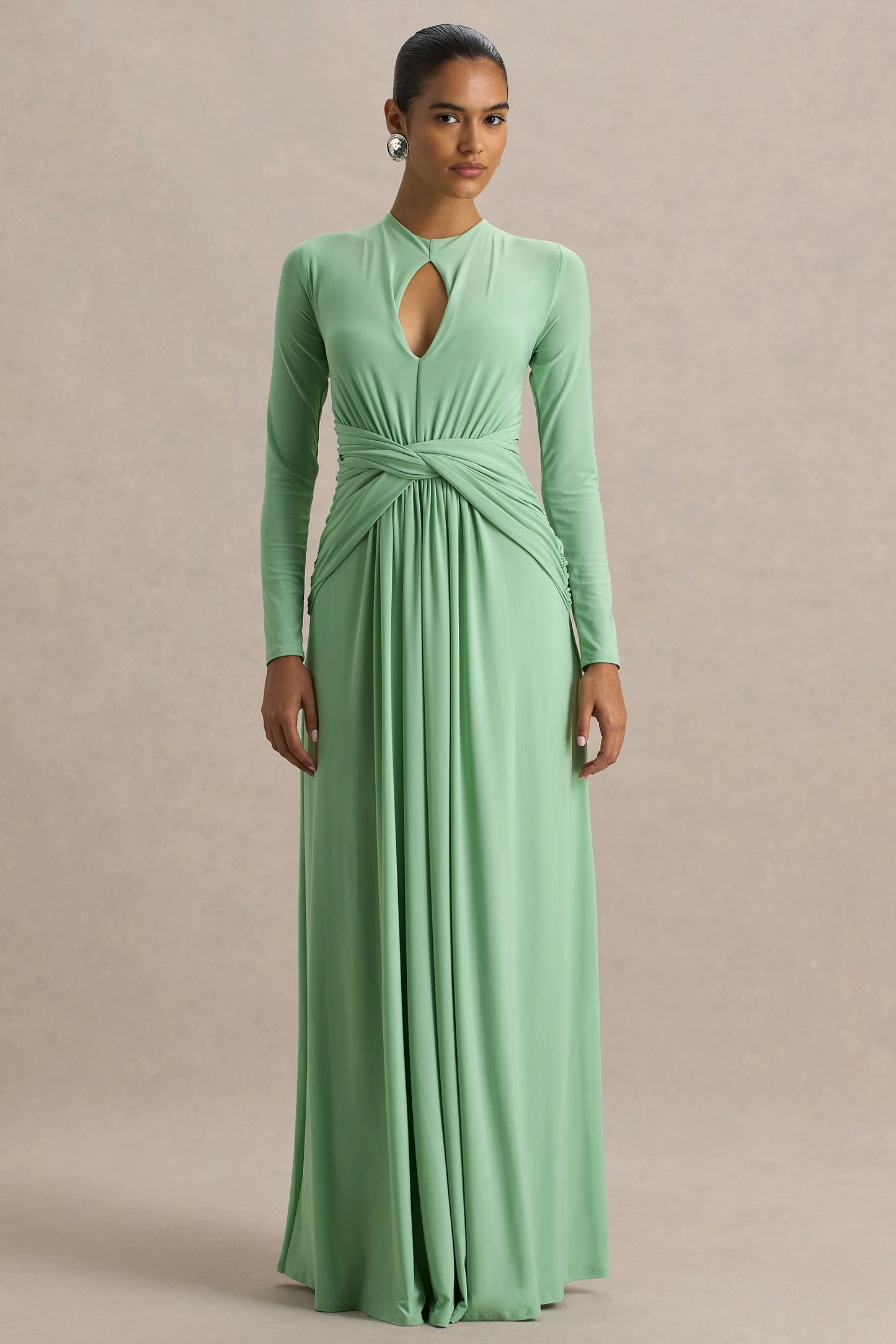 With Me Green High-Neck Maxi Dress With Ruched Detailing