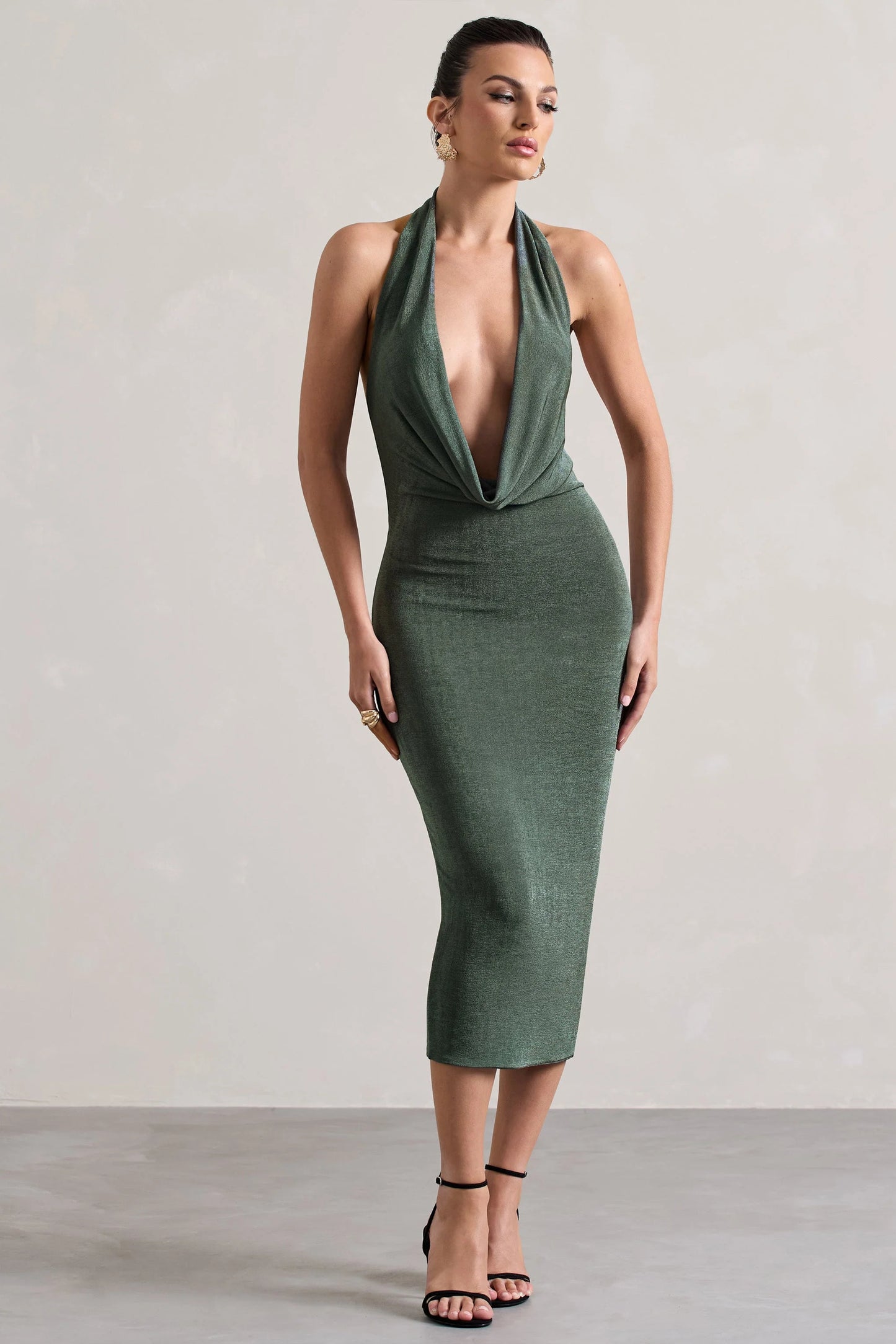 Raleigh Sage Green Cowl-Neck Midi Dress