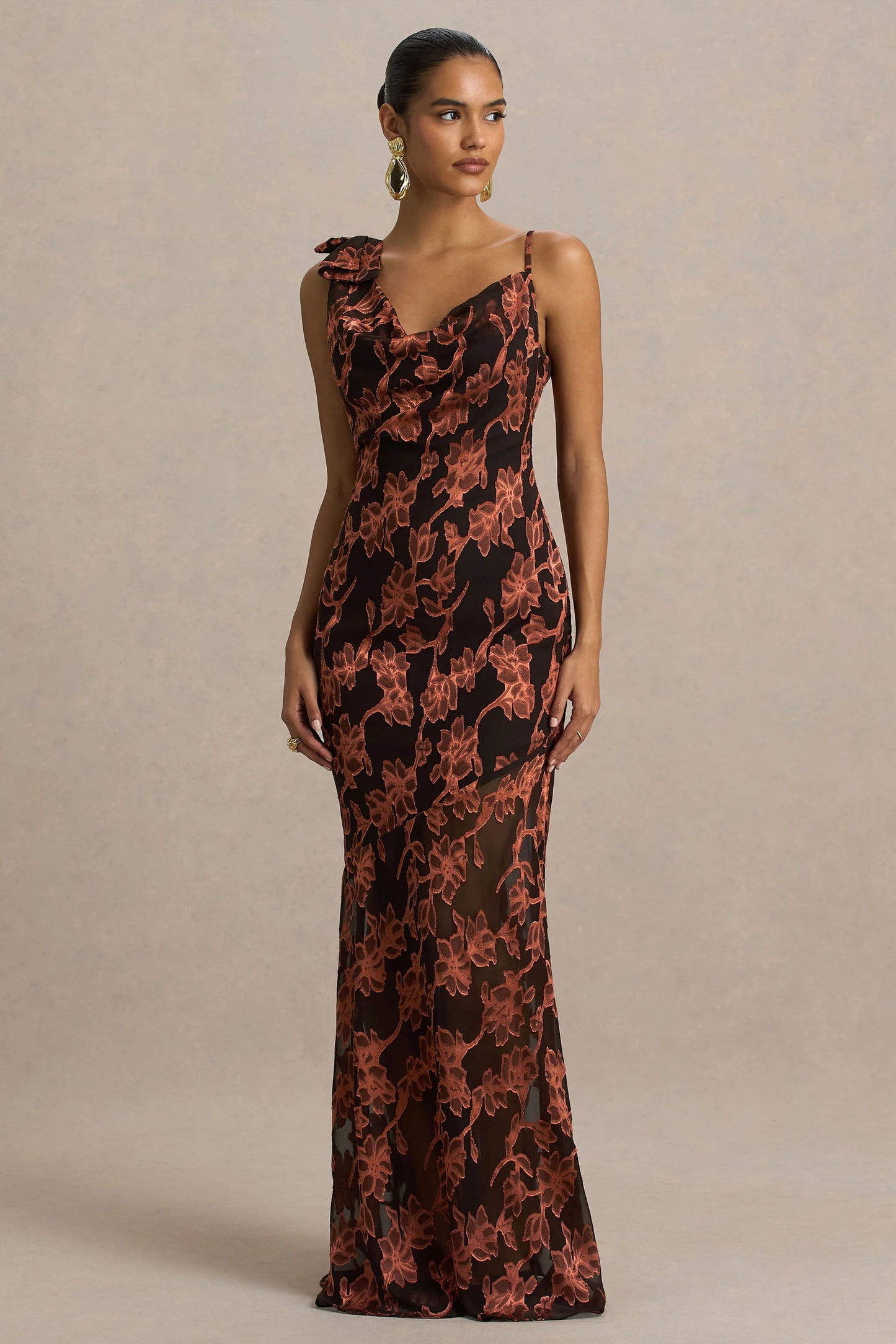 Mar Black And Rust Cowl-Neck Maxi Dress With Bow Detail