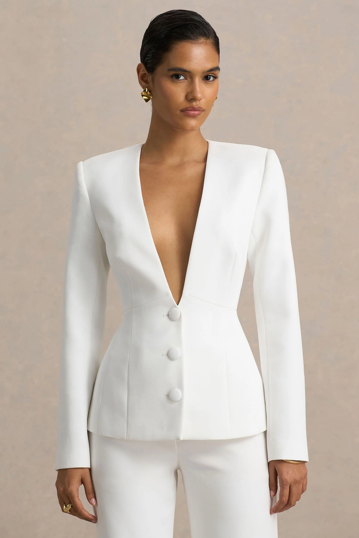 Rosalina White Extreme-Plunge Neck Tailored Blazer