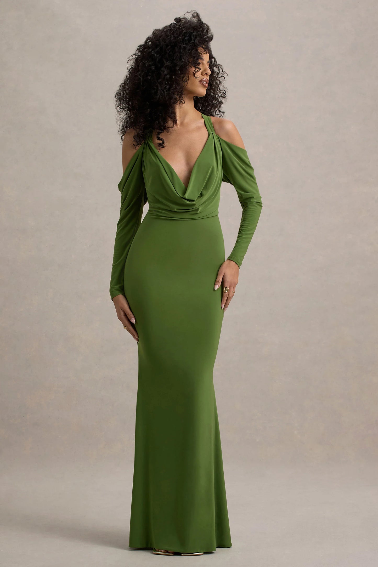 Hurghada Green Plunge-Neck Long-Sleeve Maxi Dress