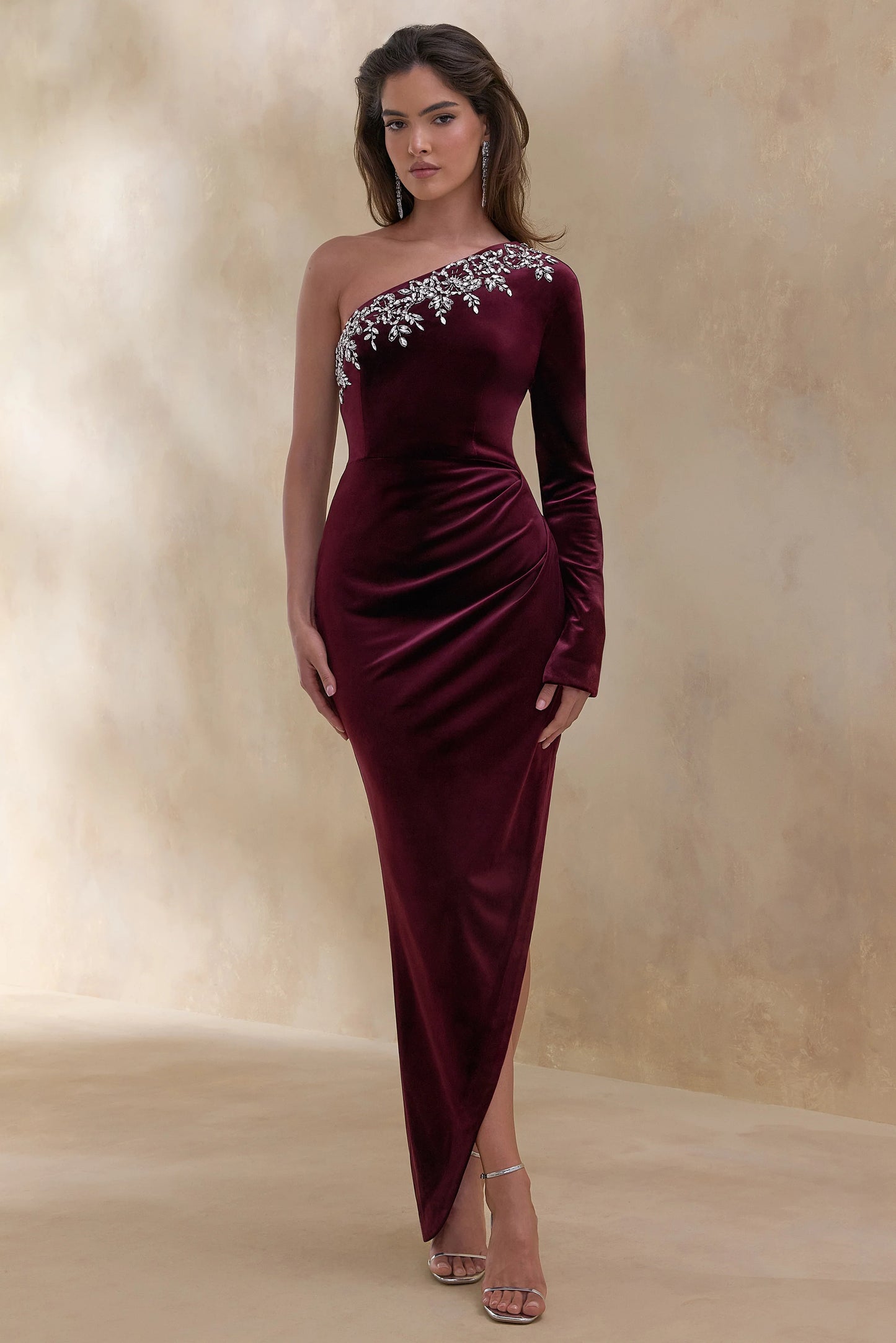 Nyssa Burgundy Embellished Asymmetric-Neck Maxi Dress