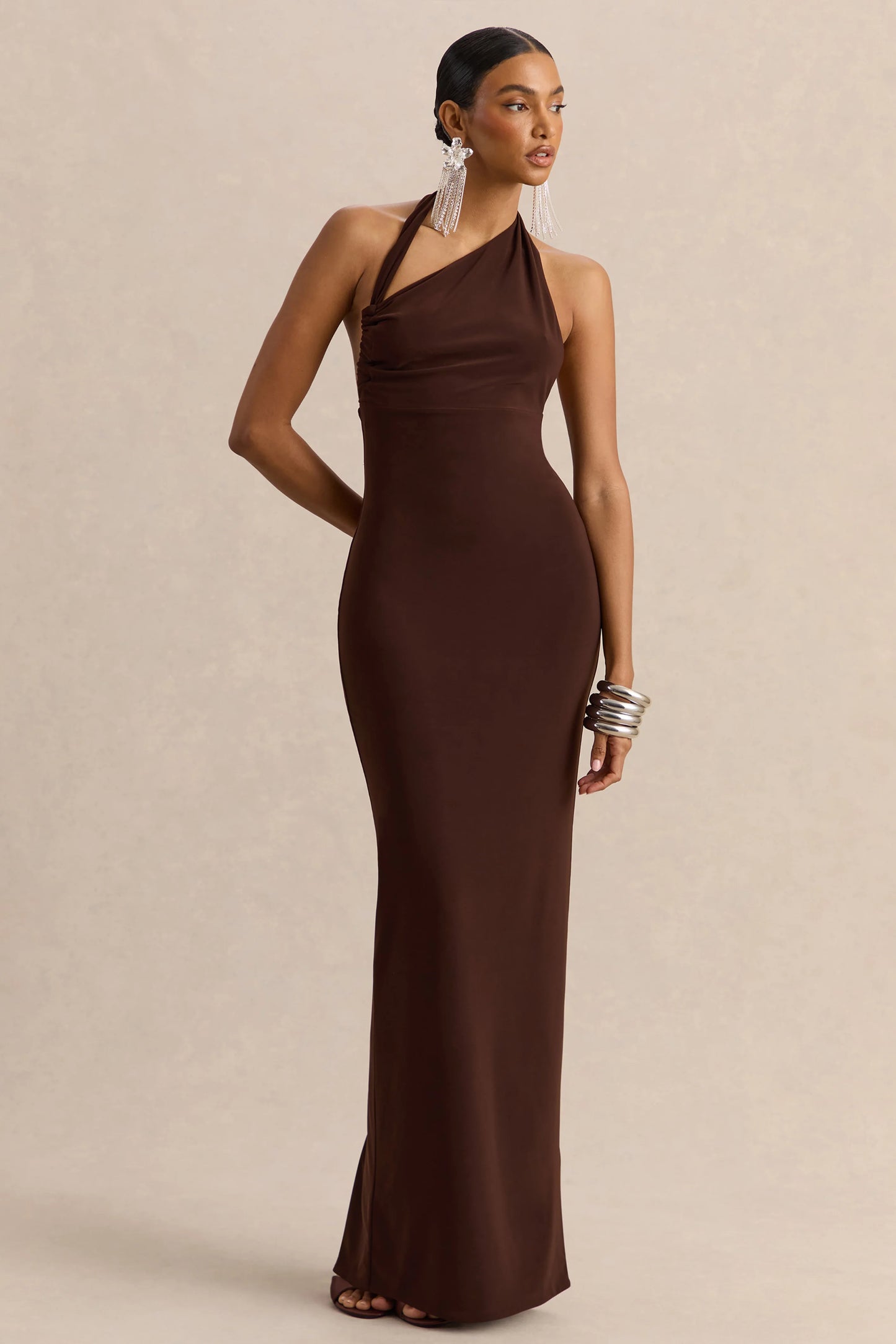 Delisse Brown Asymmetric-Neck Maxi Dress