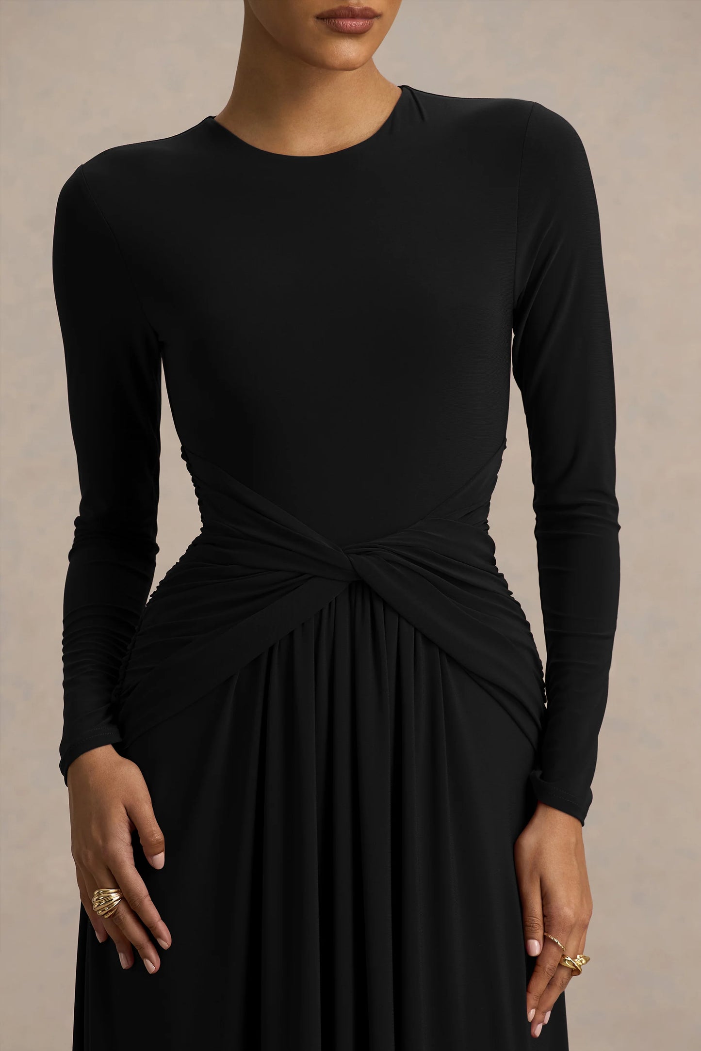 Estrella Black High-Neck Maxi Dress With Ruched Detailing