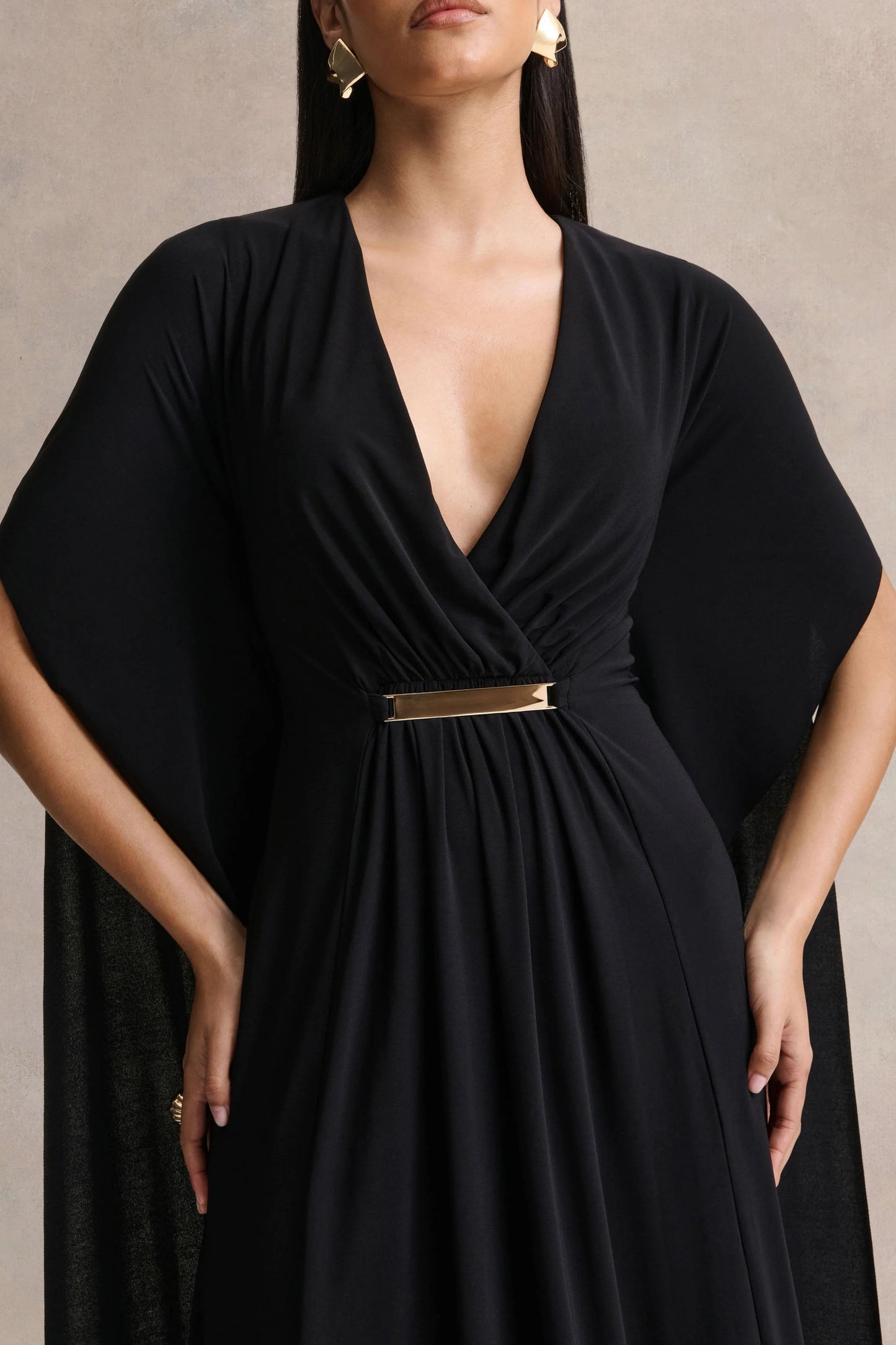 Romilly Black Plunge-Neck Maxi Dress With Gathered Detail