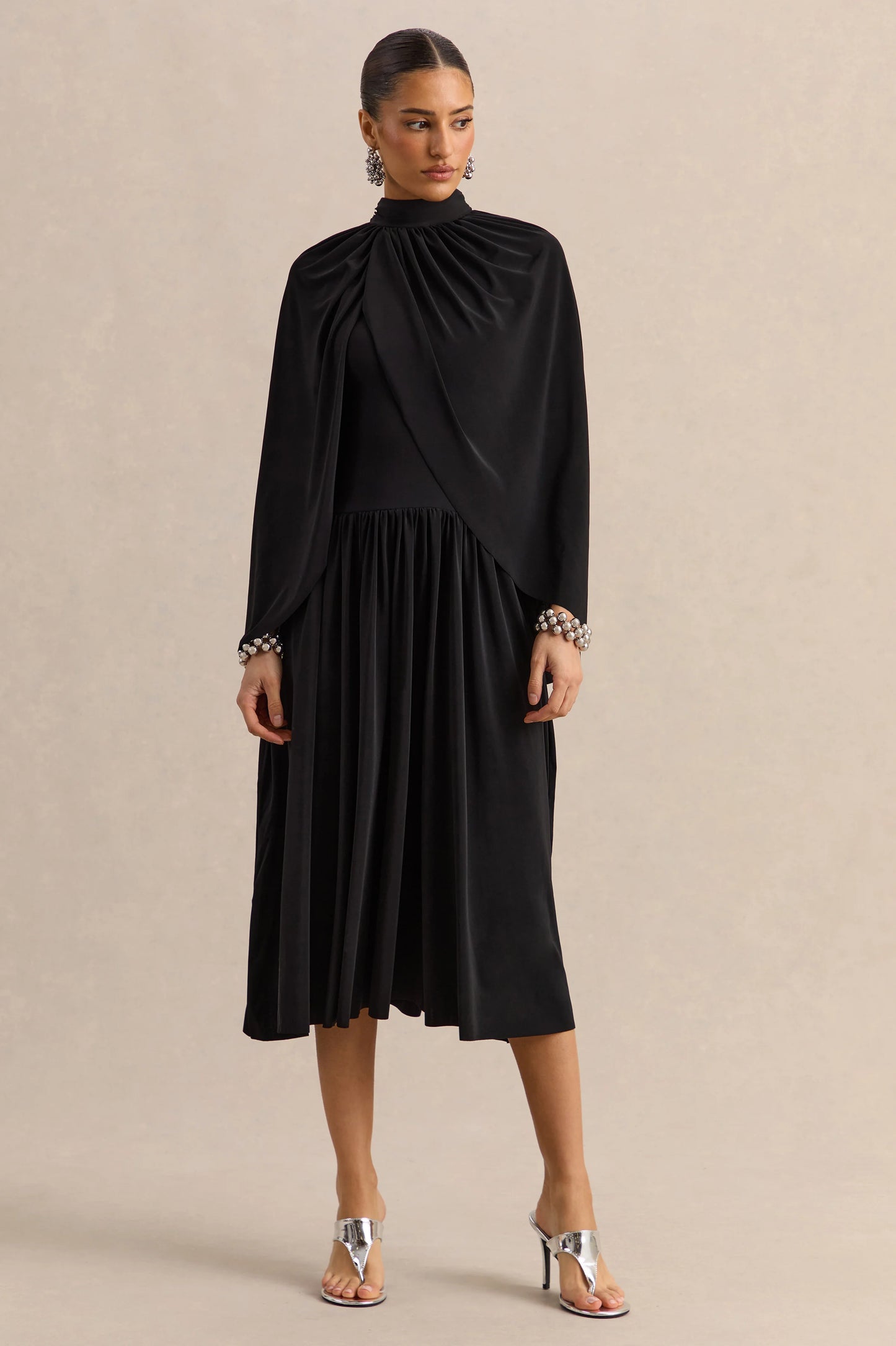 Honora Black High-Neck Midi Dress With Cape-Sleeves