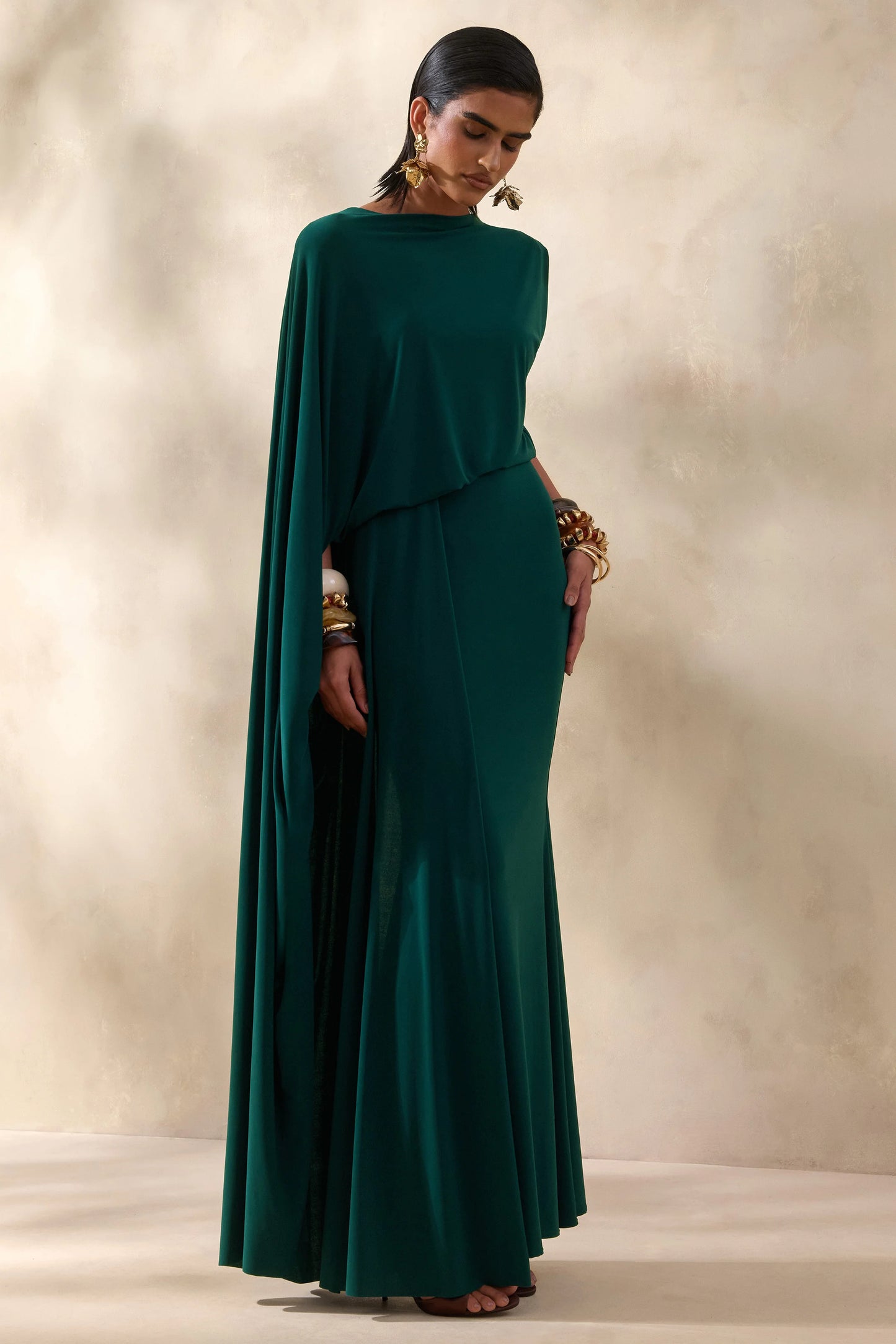 Carenza Dark Green Wide-Neck Maxi Dress With Cape-Sleeve