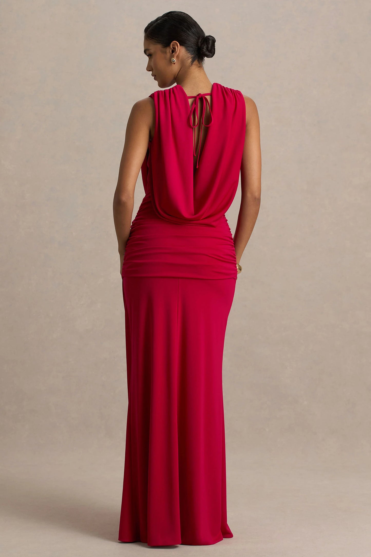 Serafina Red Extreme-Plunge Maxi Dress With Ruched Detailing And Open-Back
