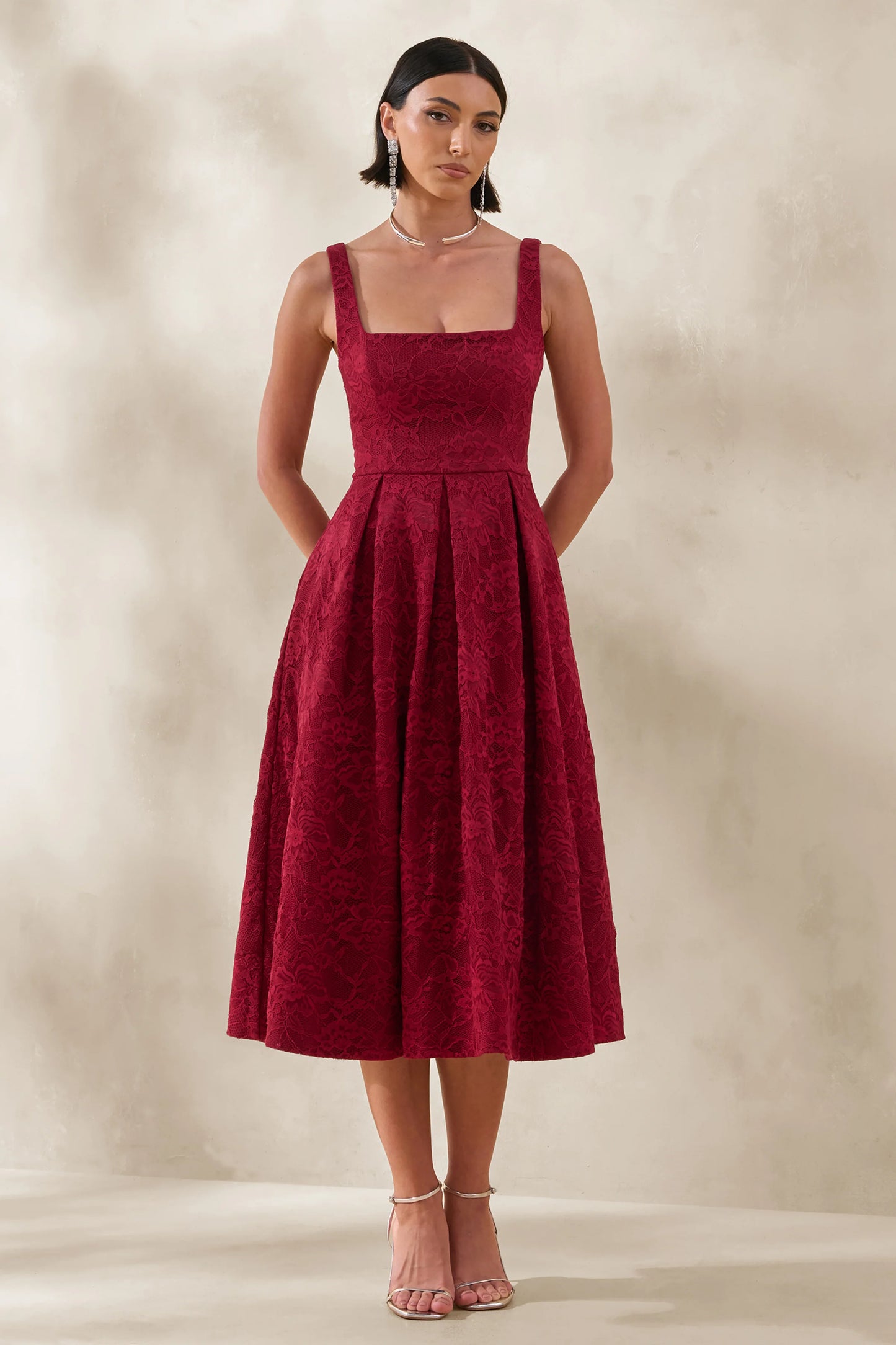 Ashmara Burgundy Lace Square-Neck Midi Dress