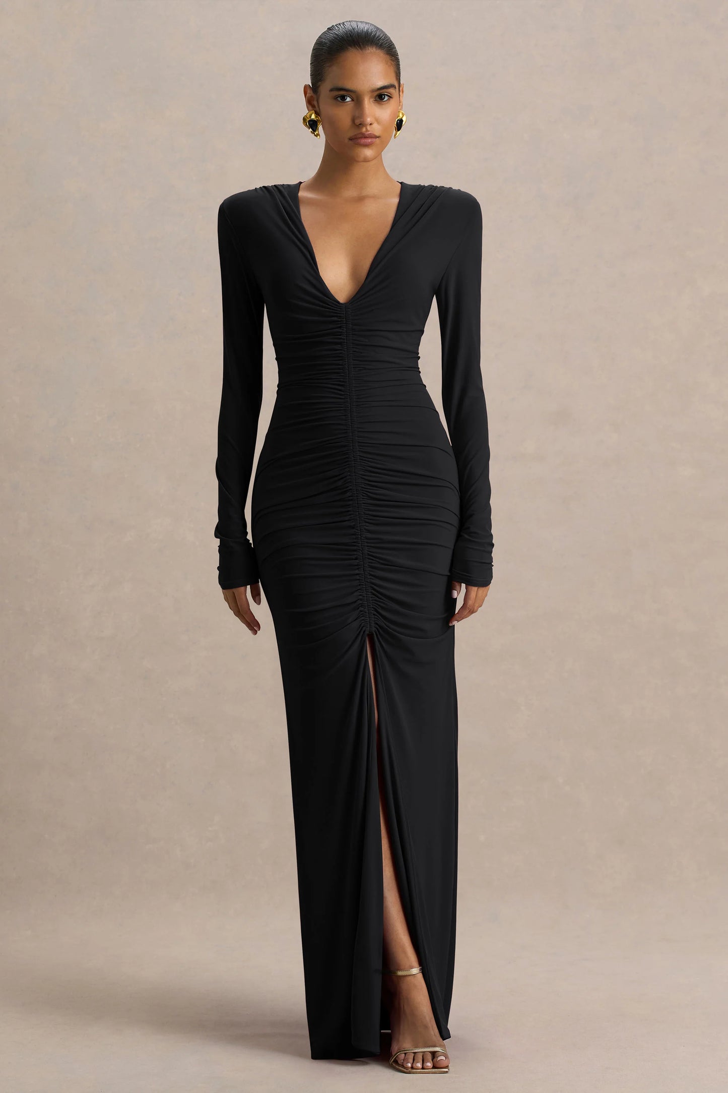 Jewel Black Plunge-Neck Maxi Dress With Front Split and Ruched Detailing