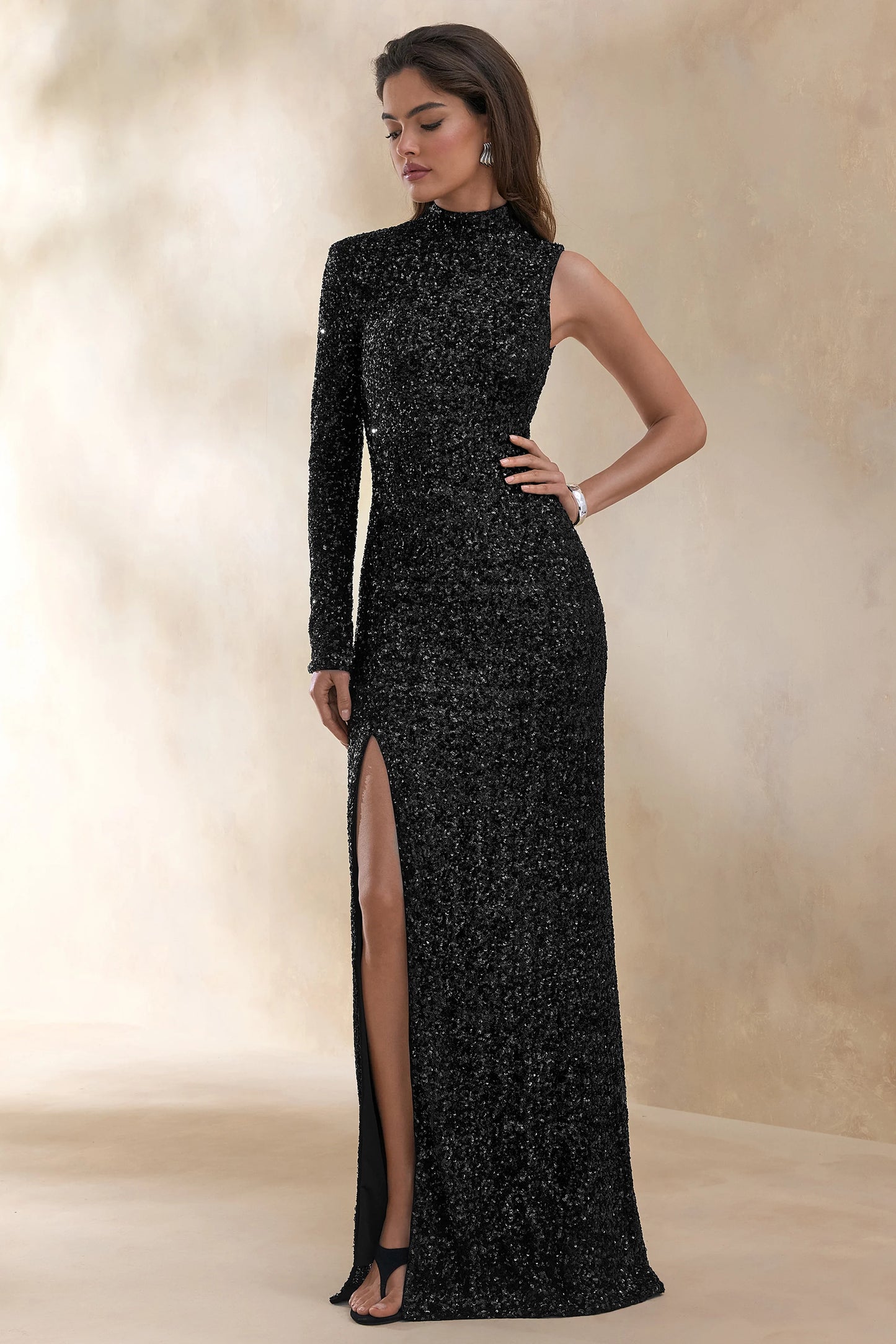 Mery Black Sequin High-Neck Wrap Maxi Dress With One-Long Sleeve